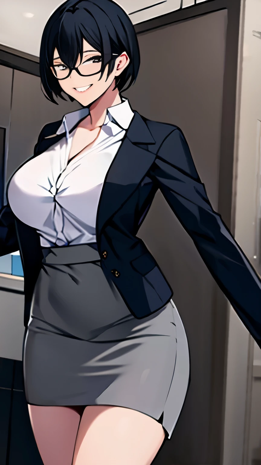 masterpiece, best quality,1girl, black hair, short hair, brown eyes, glasses, miniskirt, open jacket, blazer, smile, indoors, office,