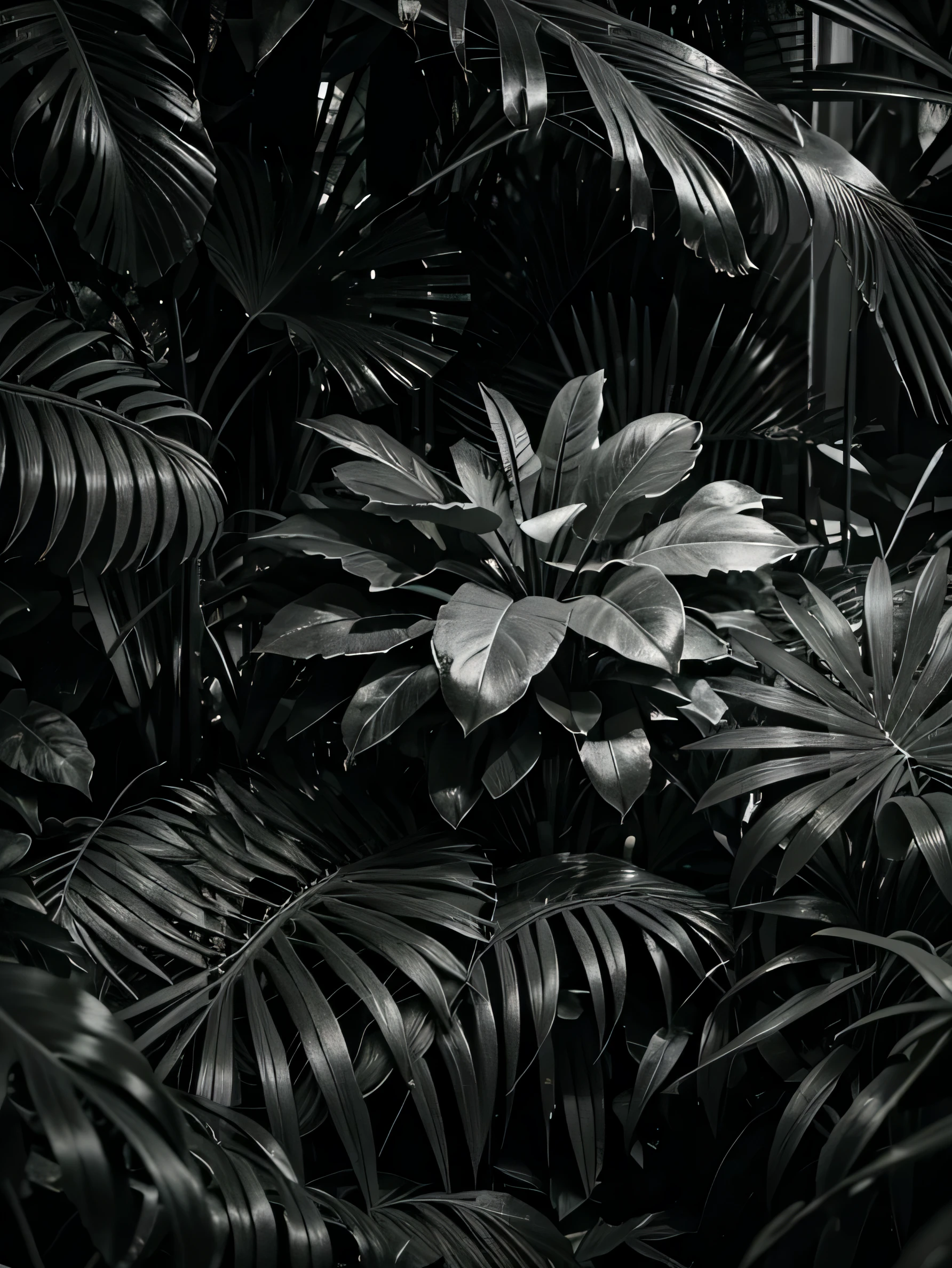Jungle plants, (black and white), raw, ultra-detailed, hyper_realistic by mid journey, 8k
