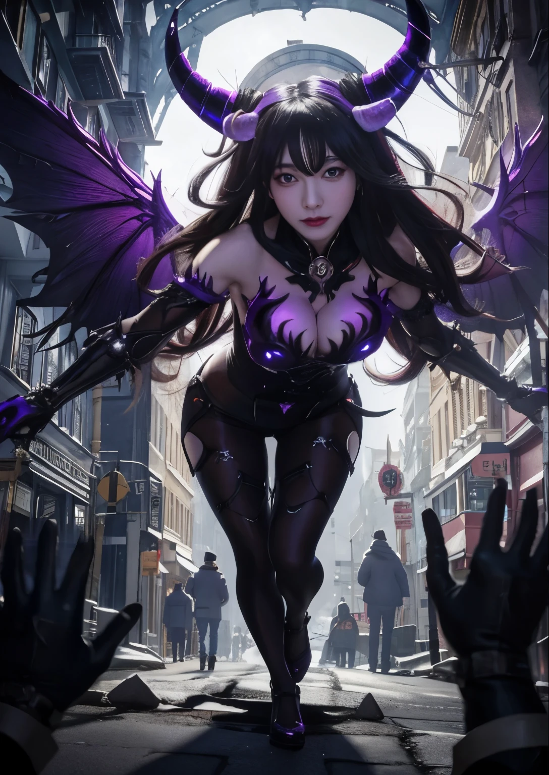 a woman with horns on a city street, by Yang J, pixiv contest winner, fantasy art, villainess has black angel wings, with glowing purple eyes, biomechanical oppai, ayaka genshin impact