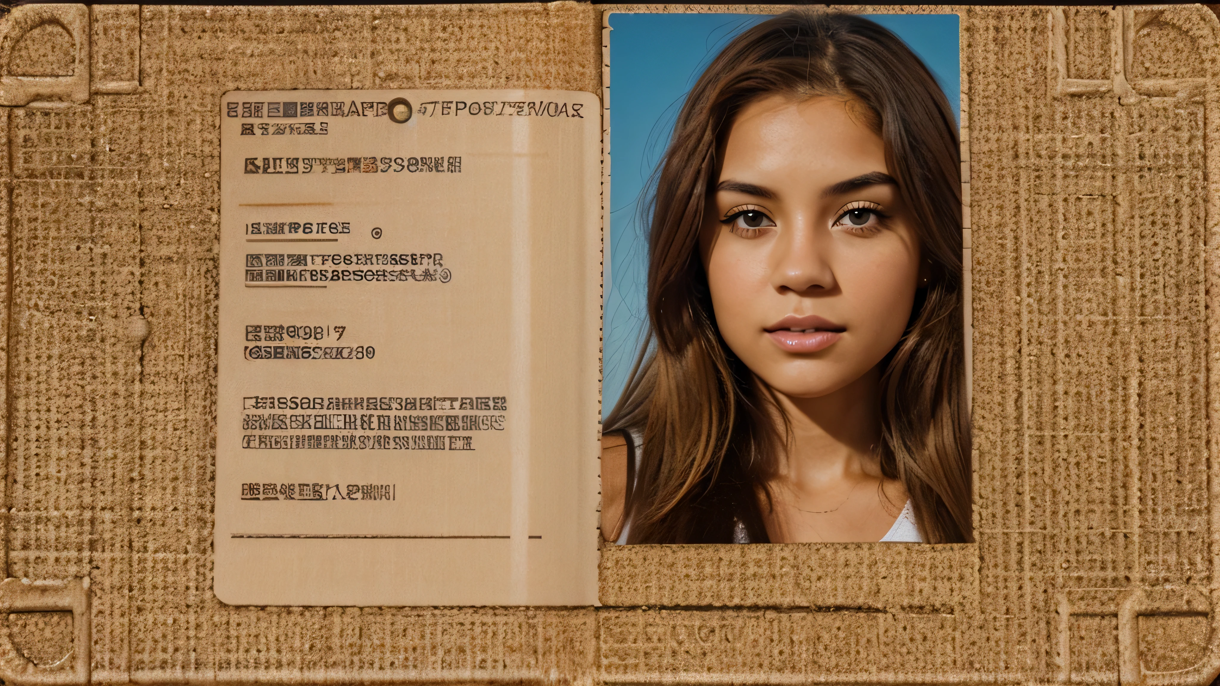 generate a hyper realistic passport style image of a light skin young lady with brown hair and blonde hairs, brown eyes 