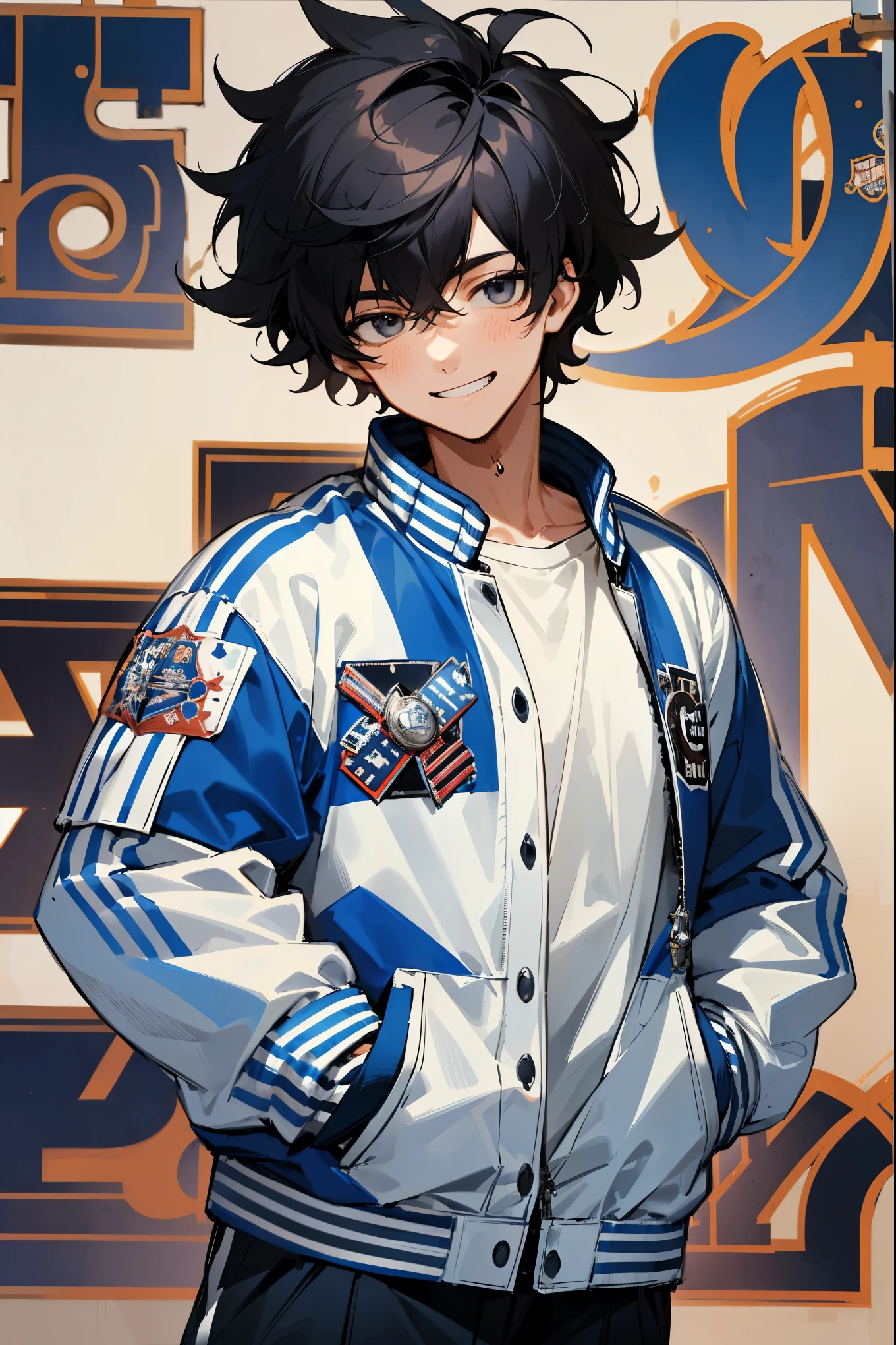 1male, black hair, messy hair, black eyes, white undershirt, basketball court background, detailed background, expressionless, ((blue and white clothing)), hands in pockets, (((letterman jacket))), grinning, happy expression