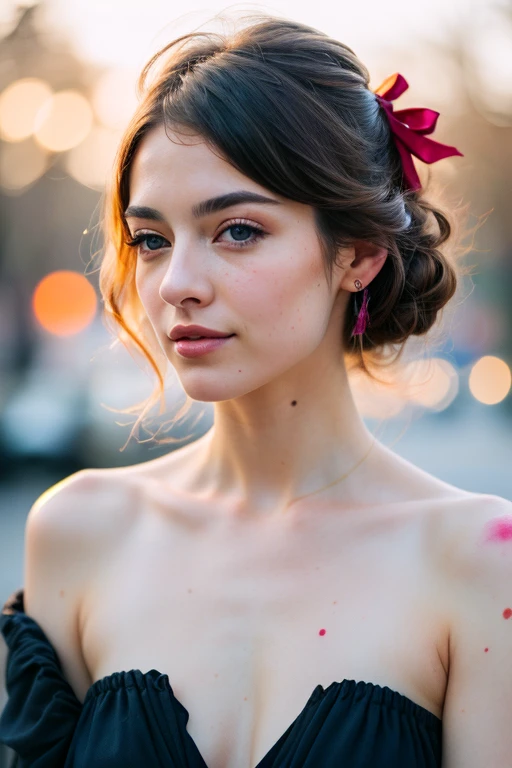 (8k, best quality, masterpiece:1.2),(best quality:1.0), (ultra highres:1.0), watercolor, a beautiful woman, shoulder, hair ribbons, by agnes cecile, half body portrait, extremely luminous bright design, pastel colors, (ink:1.3), autumn lights