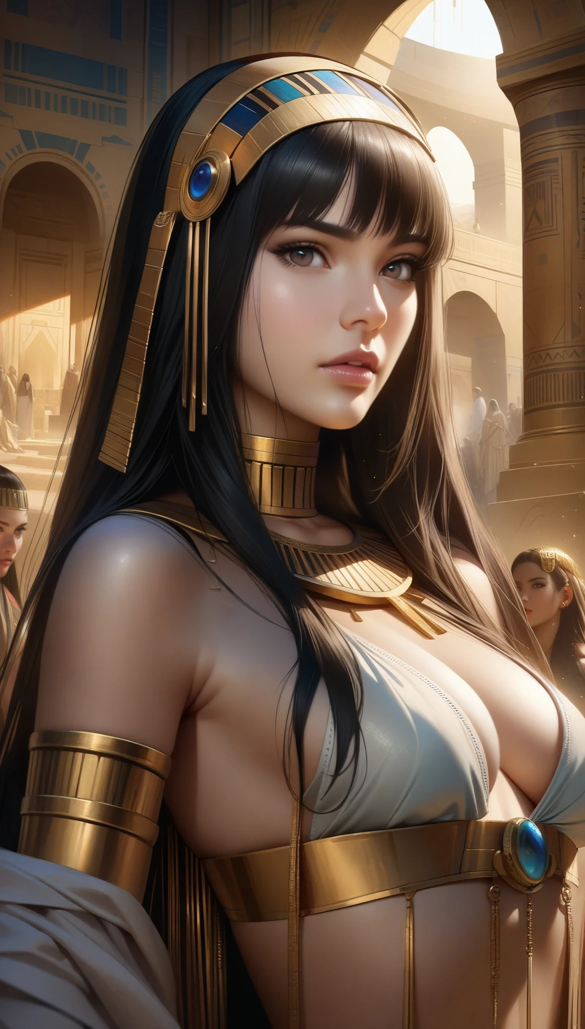 (best quality,realistic,anime:1.2),Monica Bellucci as beautiful Cleopatra,ancient Egyptian palace with immersive background, vivid colors,detailed