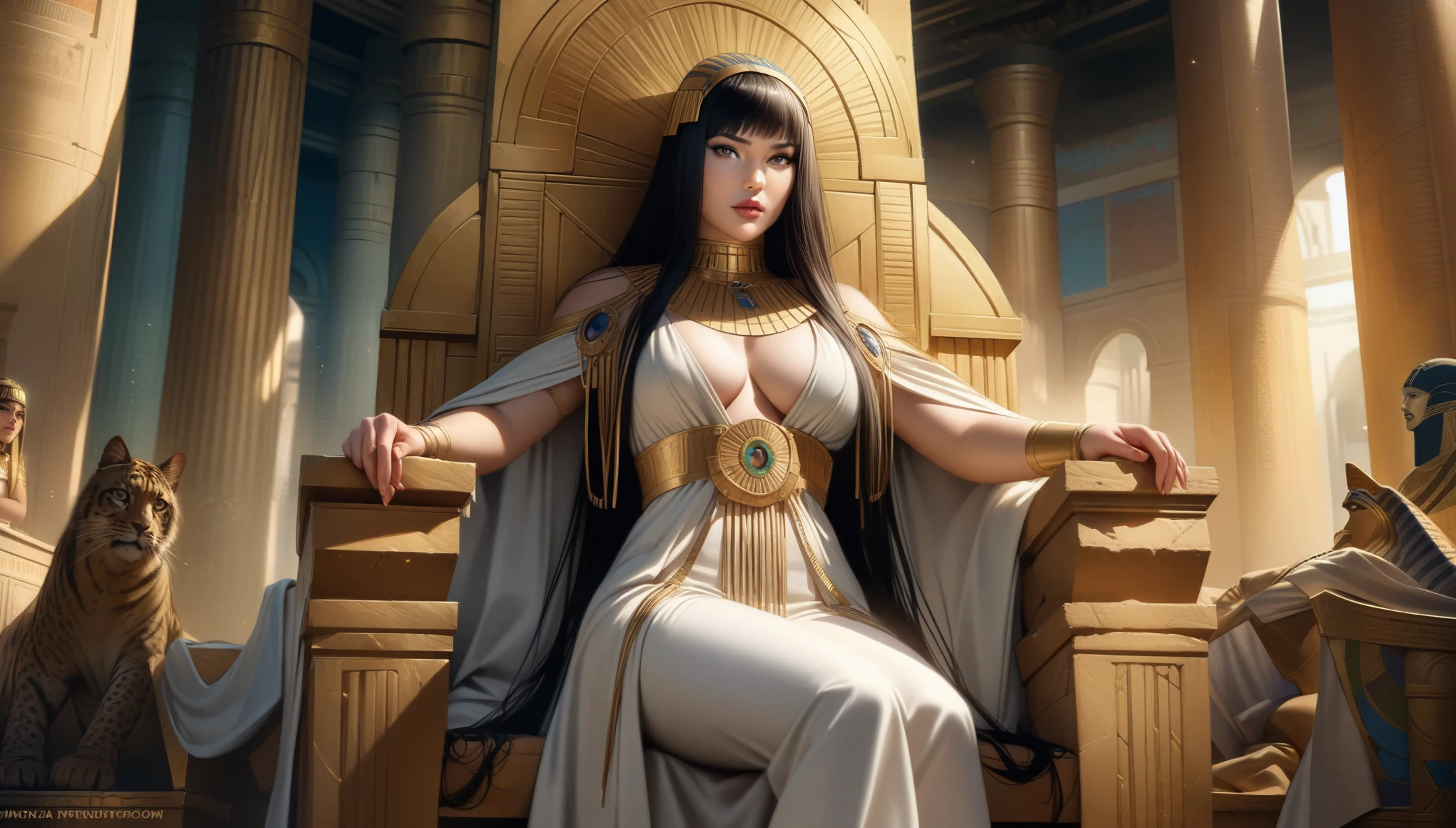 (best quality,realistic,anime:1.2),Monica Bellucci as beautiful Cleopatra,ancient Egyptian palace with immersive background, sits on an elevated throne, gestures with her hand to give orders, proud and beautiful, dressed in light and airy royal robes , vivid colors,detailed