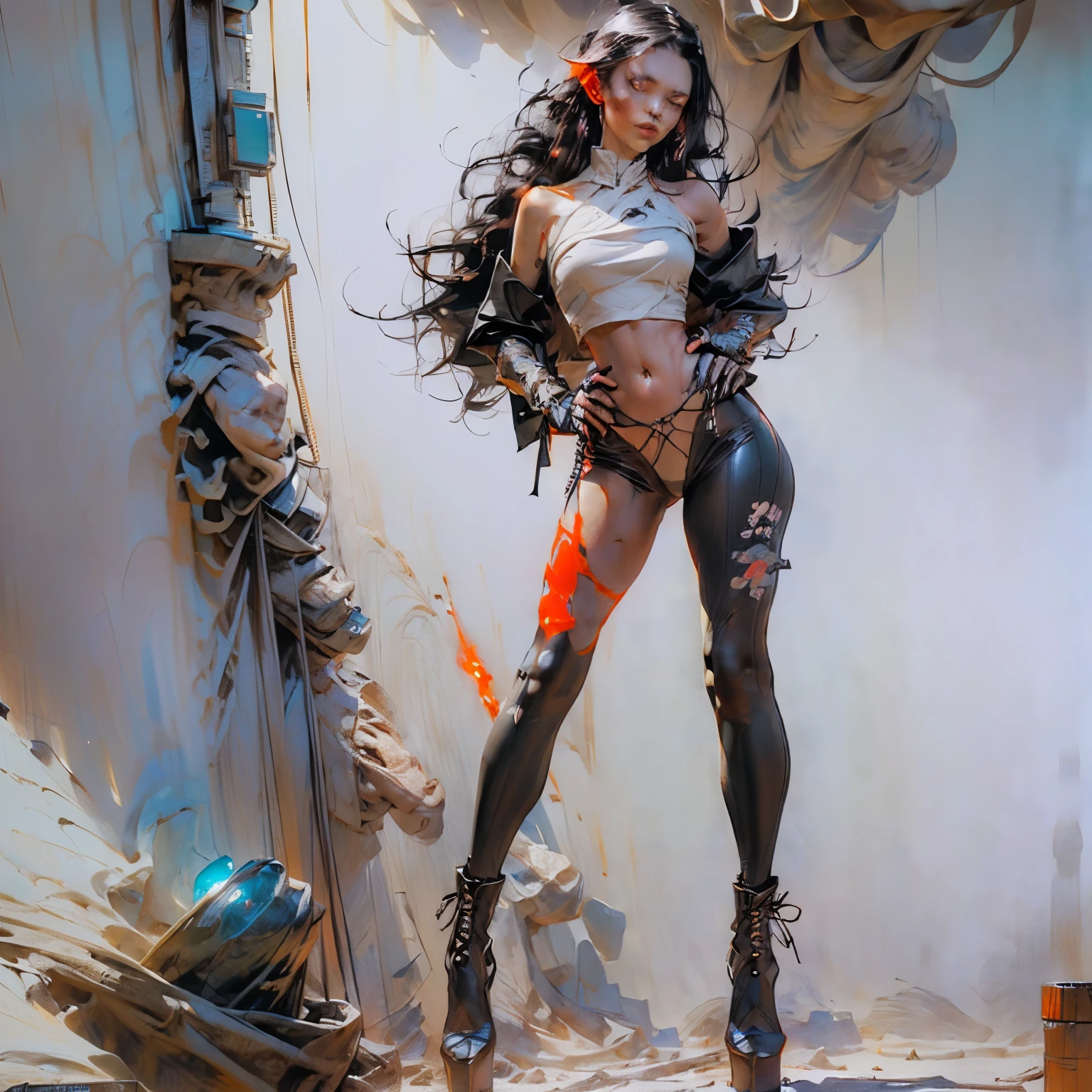 ((Create Odin girl 16+), (facing the viewer, standing close-up, full height), (smoke, fire, shooting), (thin graceful body, facing the viewer, firing from a powerful modern weapon at alien monsters ), (dynamic pose), (heavy, huge weapon - a machine gun, held with two hands), (stands with legs wide apart), (sexy, ), (tender scarlet lips), (straight, long black hair), (small thong , short T-shirt, bare shoulders), (narrow hips, beautiful breasts))_((Artistic Stylization), (3D animation, fantastic comic book film), (clear line, clear outline, high-quality linear drawing, shading))_(( Simple color palettes), (color fill, color richness, saturation, harmony, balance), (background - dark, cold tones, gloomy spaceship environment), (science fiction - horror, - cyberpunk, deep space, spaceship))_( (Sexy, erotic), (powerful - a huge machine gun in his hands), (hands in elbow pads, palms dressed in tactical gloves), (bare thighs, thongs, bare belly-navel, minimal clothing), (legs in combat knee pads, stockings, leggings up to hips - sexy), (massive leather military lace-up boots), (space design, dramatic scene, combat situation))_((Background, fantastic ship lock, (films; Lucas Arts, R.Sh. Giger "Alien", Giger's monsters, space monsters), (stunning scene of shooting in a spaceship - "Alien" monsters), (bright hot light from the barrel of a machine gun, cold contrasting shadows))_ ((Cinematic masterpiece, highest quality), (horizontal clear frame), (contrasting shadows, clear, bright flash light), (warm range of colors, hot light, contrasting light with cold shadows))_((Cinematic animation,), (soft clear shapes, wide strokes, attention to detail), (16K | Ultra HD | Full HD)).
