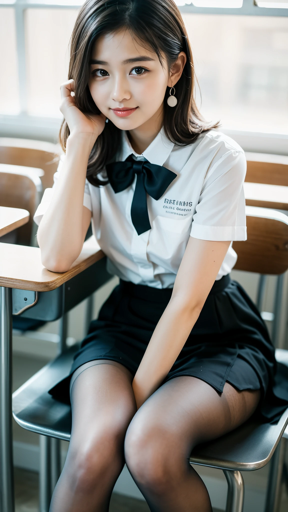 (Pure and cute Chinese high school student 1.5),(true to life,Photorealistic 1.5),((best qualtiy, 8K, tmasterpiece:1.3)),SLR camera (double eyelid,largeeyes:1.3),(smile1.5),(Full body photo 1.5)(One person 1.5)Clear focus 1.2, Perfect body beauty:1.4 , Delicate skin1.hort silver-white hair 1.6),(Delicate makeup1.4),(Pure desi)(Black pantyhose The leg length is one meter two,1.5),Hair is slightly curled,White shirt,Bow knot,pleatedskirt,Slender legs,canvas shoe,With earrings,Wristband jade bracelet,School Classroom