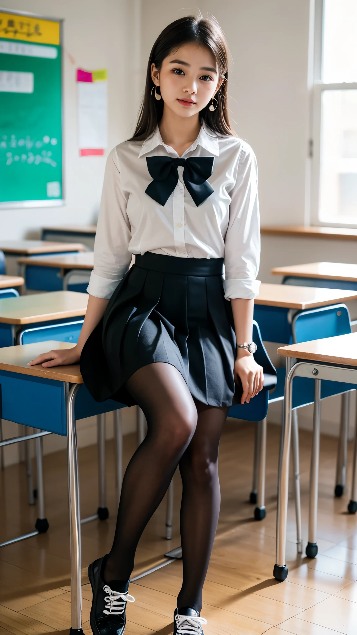 (Pure and cute Chinese high school student 1.5),(true to life,Photorealistic 1.5),((best qualtiy, 8K, tmasterpiece:1.3)),SLR camera (double eyelid,largeeyes:1.3),(smile1.5),(Full body photo 1.5)(One person 1.5)Clear focus 1.2, Perfect body beauty:1.4 , Delicate skin1.1,(Short silver-white hair 1.6),(Delicate makeup1.4),(Pure desire 1.3)(Black pantyhose 1.5)(The leg length is one meter two,1.5),Hair is slightly curled,White shirt,Bow knot,pleatedskirt,Slender legs,canvas shoe,With earrings,Wristband jade bracelet,School Classroom