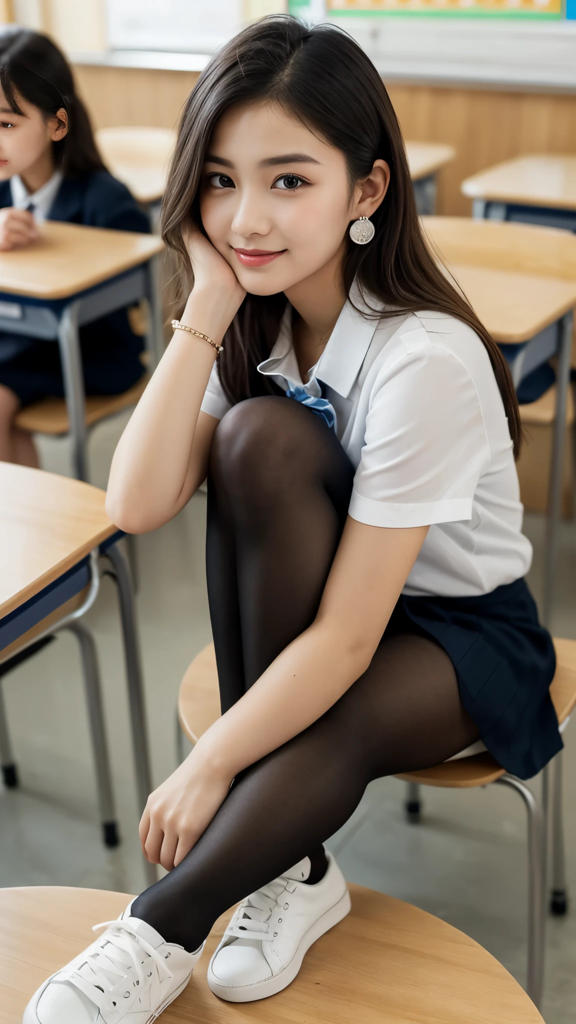 （Pure and cute Chinese high school student 1.5），（true to life，Photorealistic 1.5）,((best qualtiy, 8K, tmasterpiece:1.3)),SLR camera (double eyelid，largeeyes:1.3),（smile1.5），（Full body photo 1.5）（One person 1.5）Clear focus 1.2, Perfect body beauty:1.4 , Delicate skin1.1，（Short silver-white hair 1.6），（Delicate makeup1.4），（Pure desire 1.3）(Black pantyhose 1.5)（The leg length is one meter two，1.5），Hair is slightly curled，White shirt，Bow knot，pleatedskirt，Slender legs，canvas shoe，With earrings，Wristband jade bracelet，School Classroom