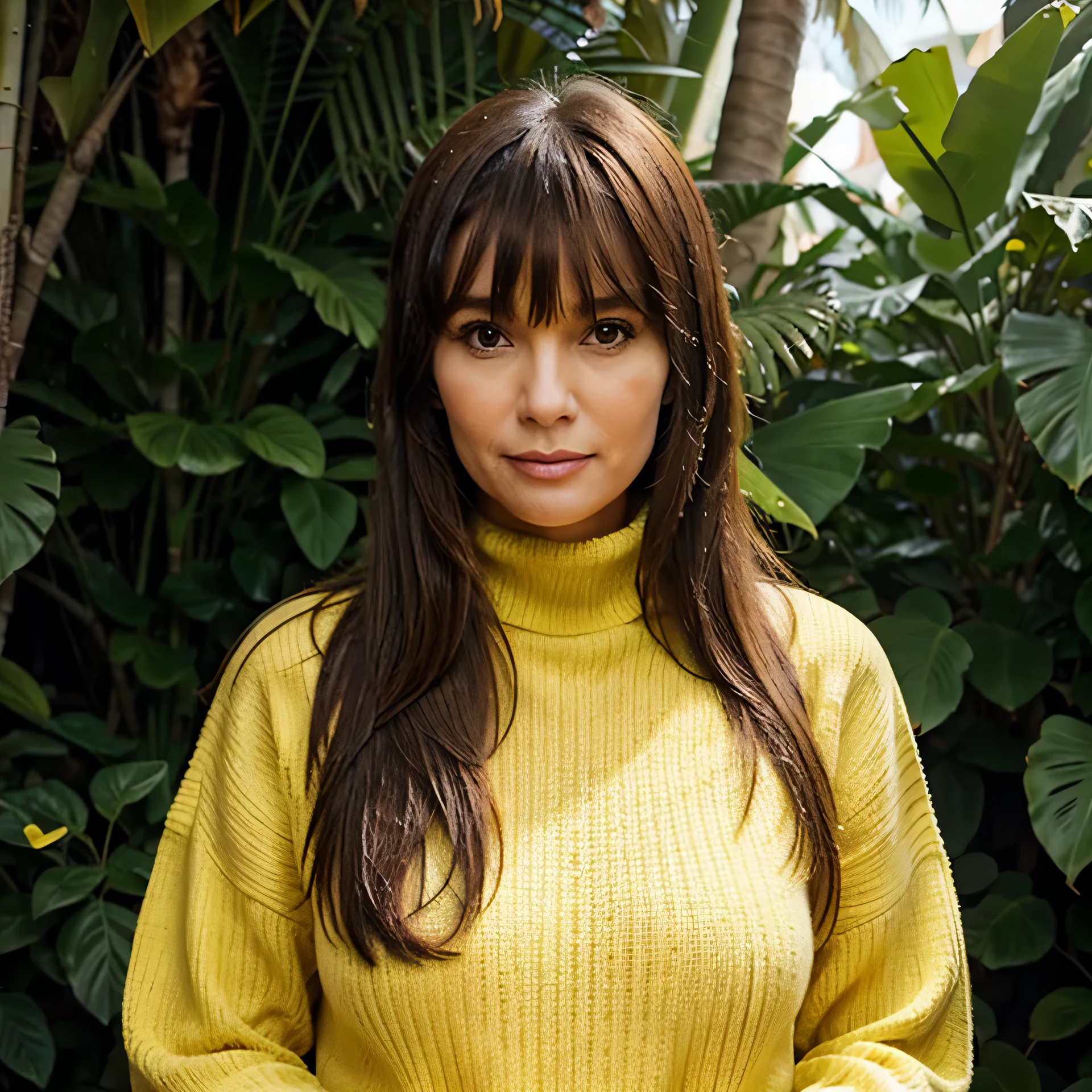 55 year old woman with bangs in her long hair and dressed in a yellow wool turtleneck sweater in a tropical garden