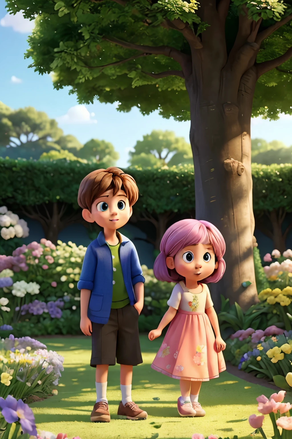 a girl and boy playing with a ball in a garden with flowers and trees in the background, in the animated movie, inside out, disney, magical realism, promotional image, a poster