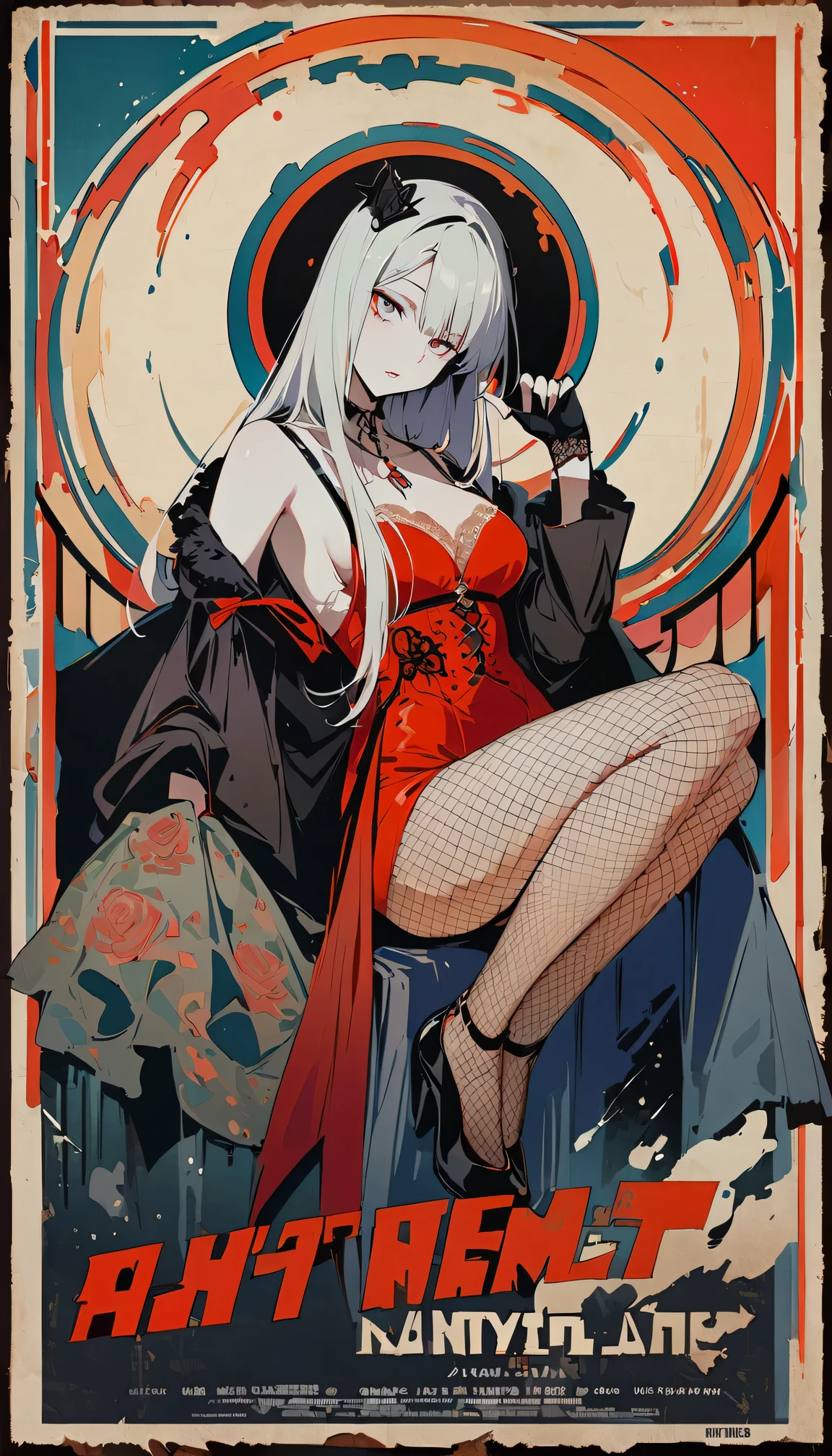 恐怖惊悚movie poster, masterpiece, best quality, 一个穿着Gothic式舞会礼服的女精灵,beautiful and delicate eyes, lace, embroidery , pale skin, Fishnet socks， (Bauhaus, shape, metallic line, Abstract:1.1) Gothic, Vintage horror, movie poster, 1940s, (masterpiece, best quality) 8k wallpaper, Very detailed,