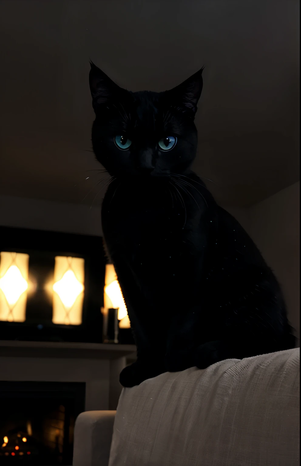 Black cat grey eyes on living room Glowing Eyes effect dark atmosphere
