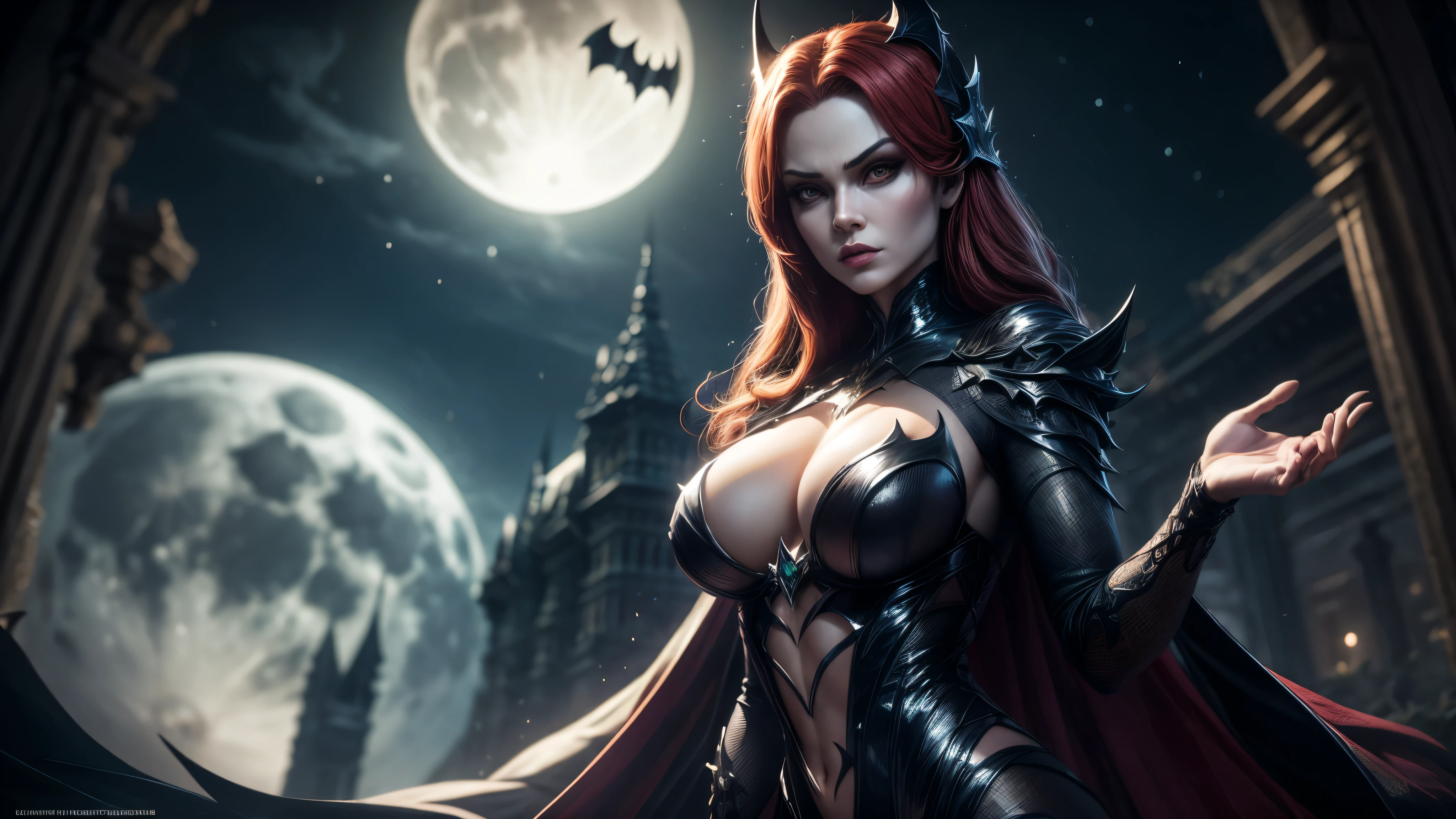 Close a powerful threat, The creepy appearance of the mysterious and frightening Poison Ivy, inimmiga do Batman, vestida com de forma sensual, menacing stare, ricamente detalhado, Hiper realista, 3D-rendering, obra-prima, NVIDIA, RTX, ray-traced, Bokeh, Night sky with a huge and beautiful full moon, estrelas brilhando, 8k,