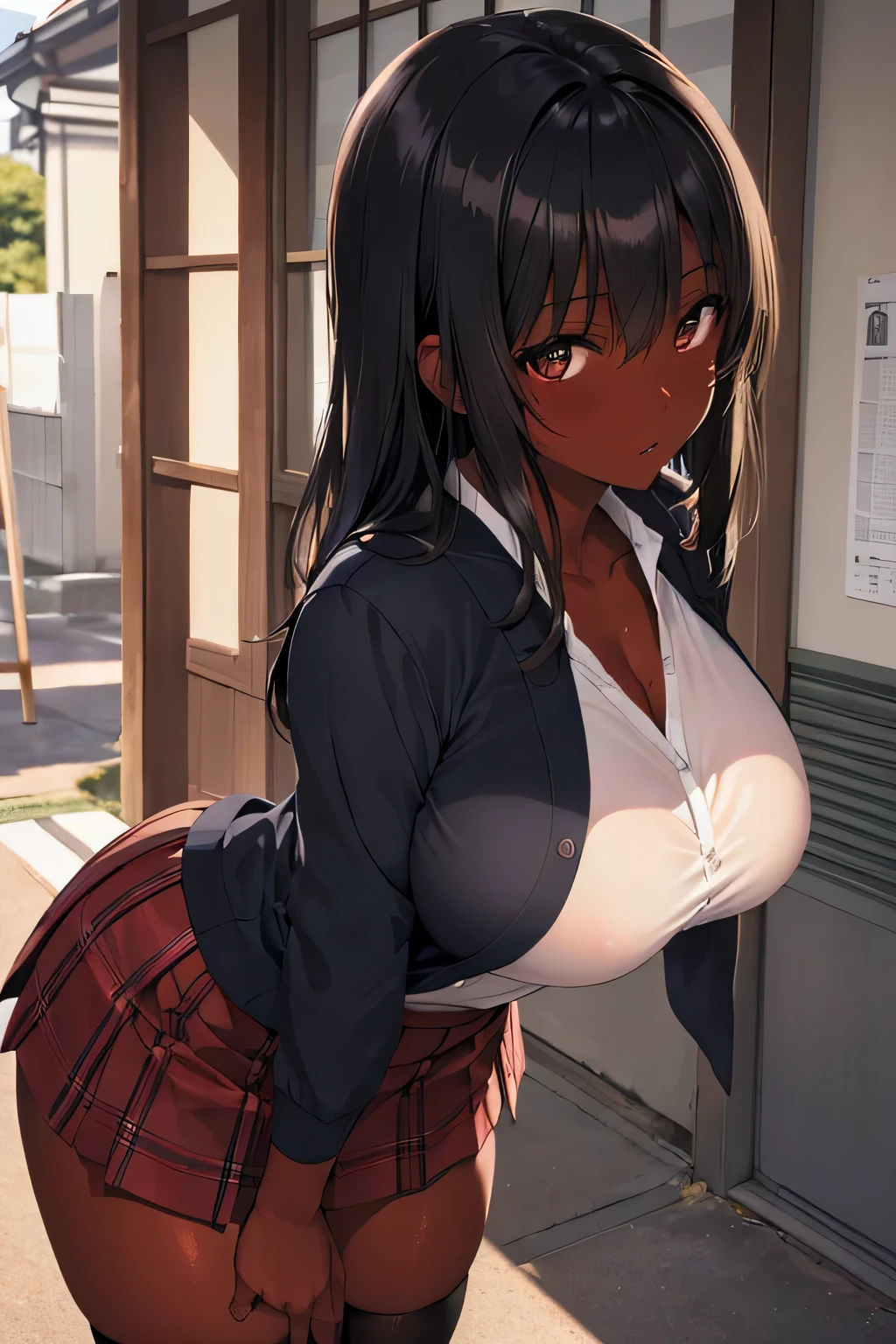 (Qualidade 8k Ultra HD, Melhor qualidade, until, alta qualidade, luz perfeita, absurdo, ultra detalhado: 1.21, mulher, sozinho, Mulher de pele escura, cabelo preto, pele escura, seios grandes, sensual, japanese school costume, retrato, Meias pretas until o joelho, estudante sensual, puntiled lips, olhos escuros, olhando para o espectador, japan street background, seios enormes, pequena amostra, sensual, pele de azeitona, pele escura, segurando seios, Papel de parede, saia curta , sexy high school girl.