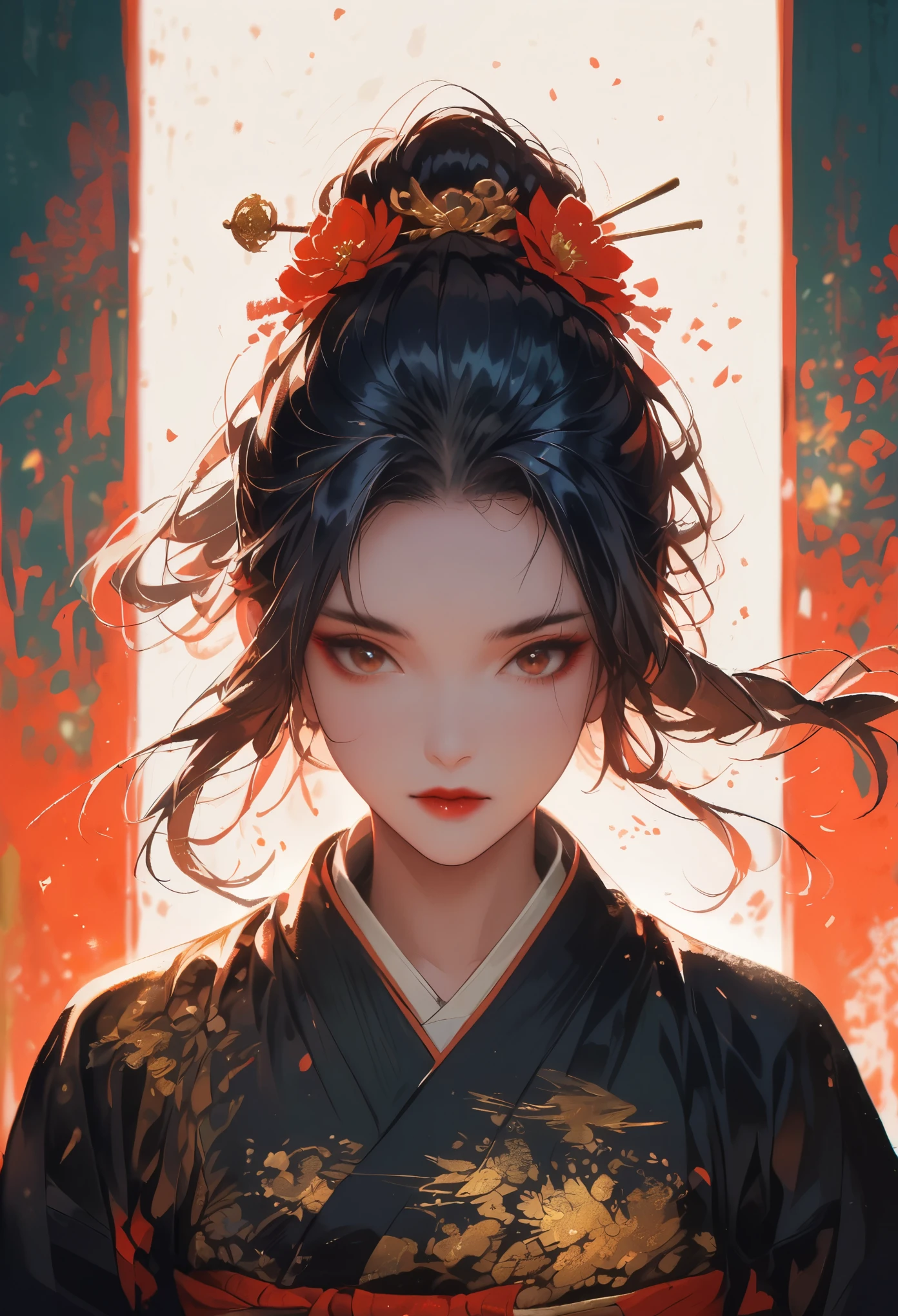 (film grain),Asian woman, geisha appearance, traditional Japanese hairstyle, kimono, red lipstick, white makeup, elegant, serene expression, floral hair accessories, dark hair, cultural attire, frontal view, blurred background, grid pattern, warm color tone, cinematic lighting, high-resolution photo, indoor setting, cultural representation.