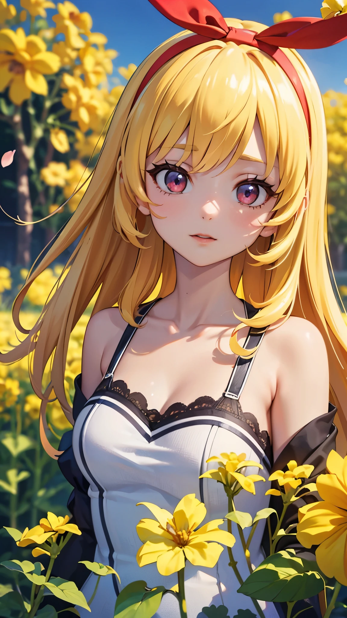 (RED Ribbon on HAIRband:1.2),Blonde HAIR,(masterpiece, best quality, highly detailed, ultra detailed, high resolution, absurdres, 4K, 8K:1.2), (official art, incredibly fine illustration, extremely detailed CG, detailed background, cinematic lighting, dynamic angle, perfect hands, detailed shiny skin, detailed hair, detailed eyes)(extremely awesome detailed pretty face,beauty face)(extremely detailed)(Three-dimensional depiction)
BREAK, ((canola flowers, cherry blossoms)){(large grounds, canola flowers, cherry blossoms in full bloom, beautiful woman wearing a one-piece dress)},8k, high resolution, absurd, employed, delicately composed, detailed, exquisitely detailed, bold composition, cinematic angles, dynamic angles, top quality, masterpiece,
