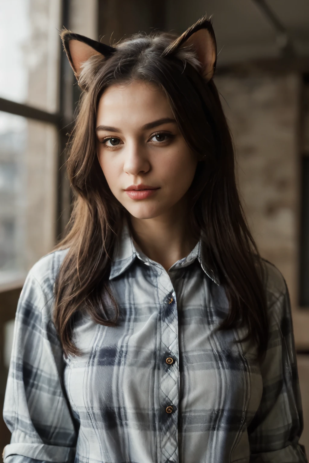 woman,missrage, (masterpiece:1.4, best quality), (intricate details), unity 8k wallpaper, ultra detailed, hyper realistic, detailed skin, Plaid flannel button-up shirt with a frayed hem., catgirl cat ears