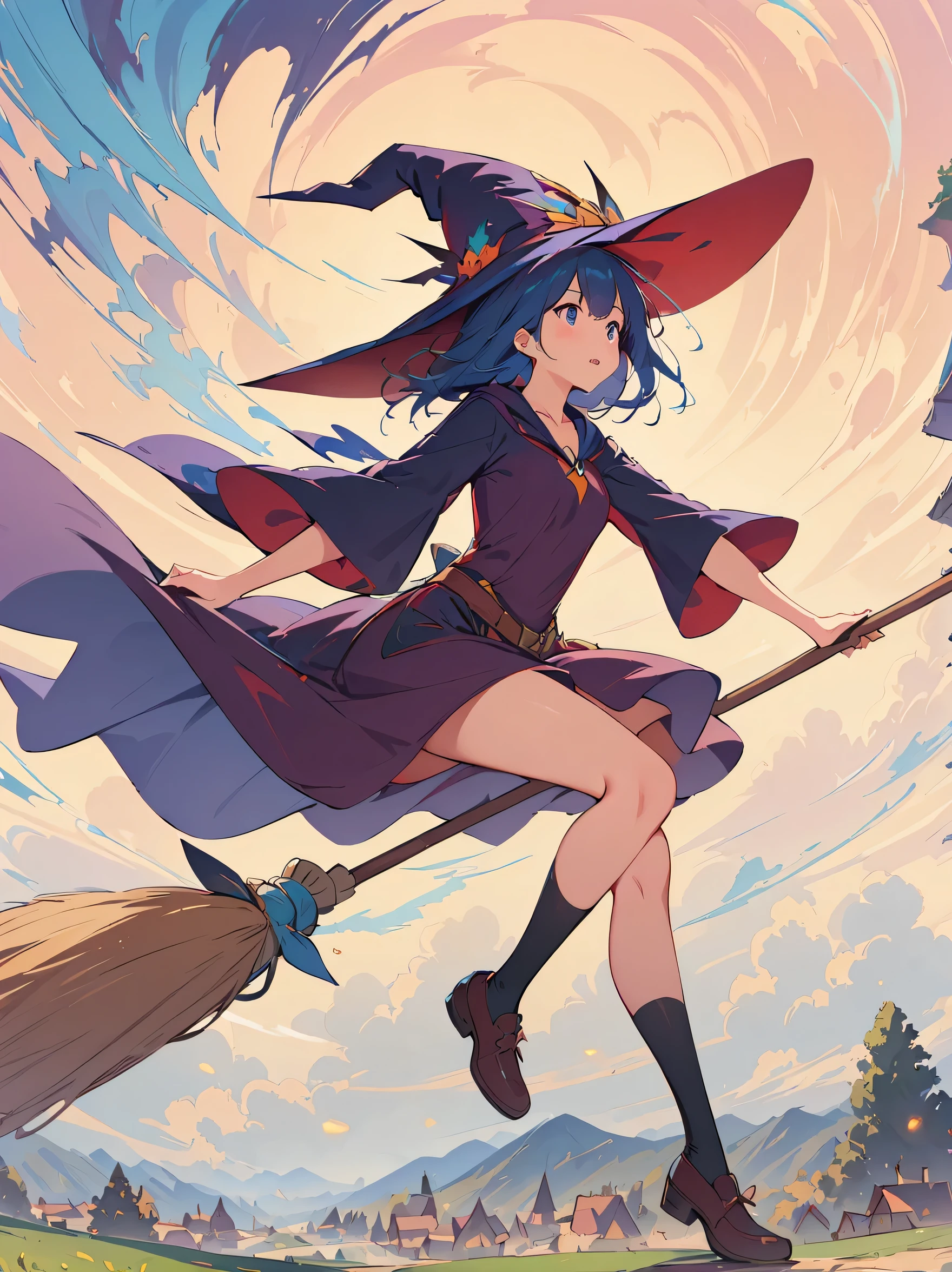 (masterpiece, highest quality:1.2),1 girl,perfect face,cute, ((((flying witch))),((Ride a broom)),broom flight,Straddling the broom,anatomically correct,masterpiece,highest quality,最高masterpiece,8K,,Wind,fantasy,,wonderful,, Mysterious, Charm, Whimsical, playful, adventurous, free, wonder, imagine, decide, skill, speed, movement, energy, realism, naturalistic, figurative, represent, beauty, fantasy culture, myth, fairy tale, folklore, Legend, witch, wizard, Magical creatures, fantasy worlds, composition, scale, Zenikichi, midway point, background, perspective, light, color, texture, become familiar with, beauty, wonder.