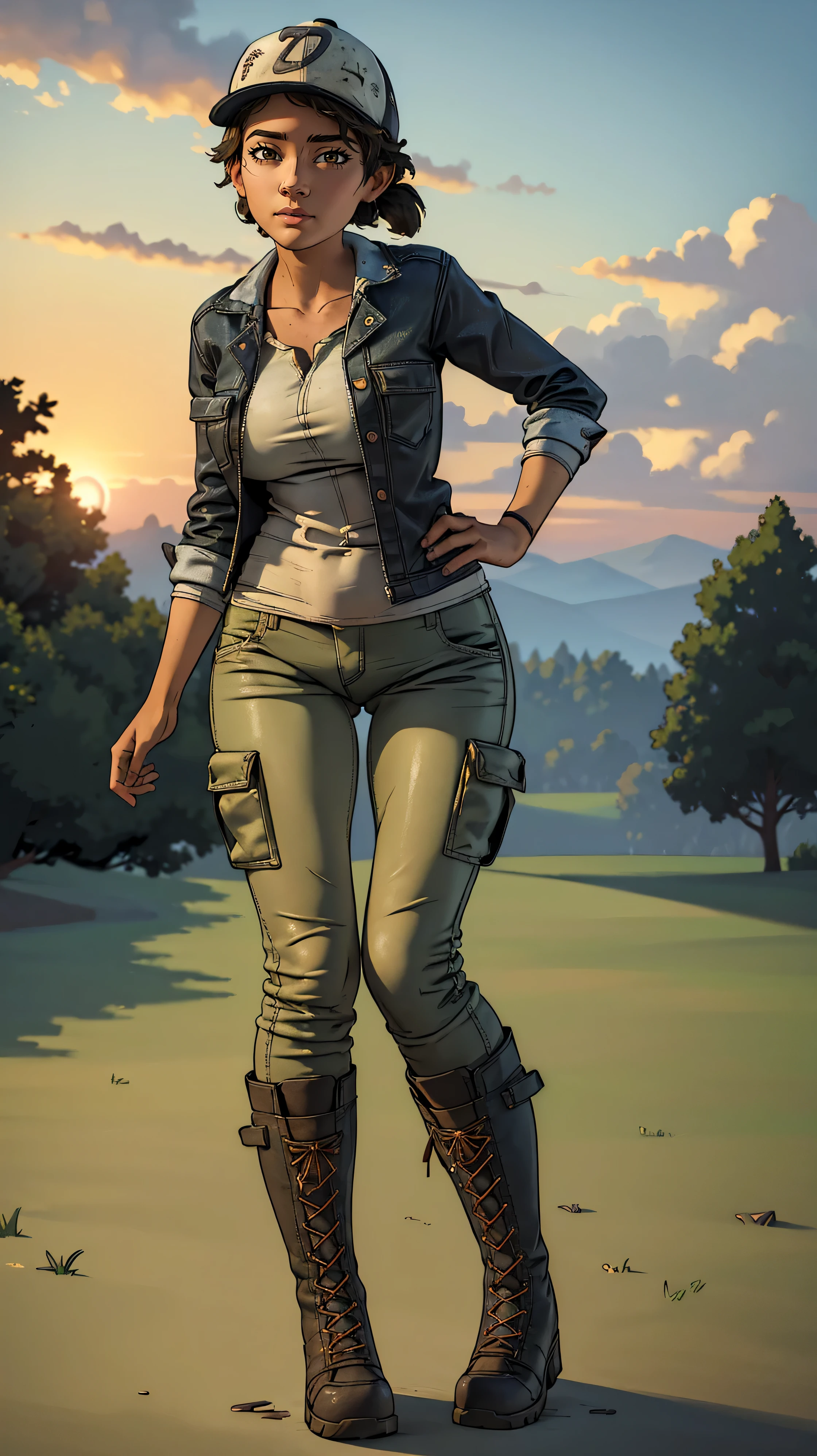 ((masterpiece, best quality)),(complex lighting) ,solo,(((1girl))) ,clementine, light skin,light-skinned female, baseball cap, green cargo pants, brown eyes, tight pants, combat boots, shirt, short hair, one short ponytail, open denim jacket, huge butt, thicc butt , (((8k))), (((full body))), (((bent over))), (((looking at the viewer))), (((view from in front of her))), big breasts