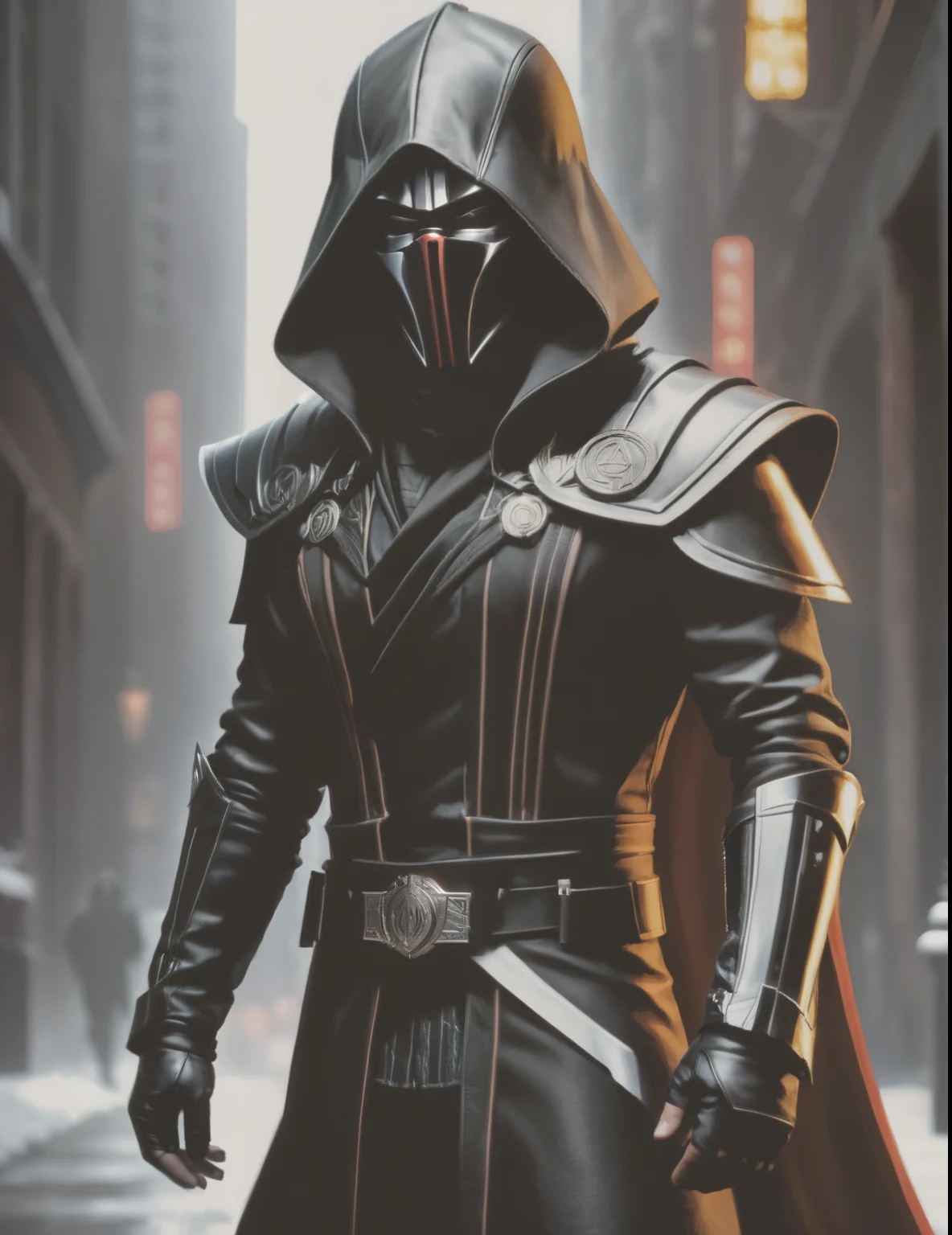 Imagem de arte hiper-realista de um homem com uma jaqueta e moletom com capuz, corvo attano, nobre elfo masculino em vestes pretas, darth revan, Arkane Lyon, tecnomante, metabaron, espectro de capuz escuro, manto escuro, vestes cyberpunk ornamentadas, vestindo vestes sith pretas, Mistborn Steel Inquisitor, mistborn, senhor sith encapuzado, Manto marrom . Extremely high resolution details, photographic, realismo levado ao extremo, textura fina, incrivelmente realista