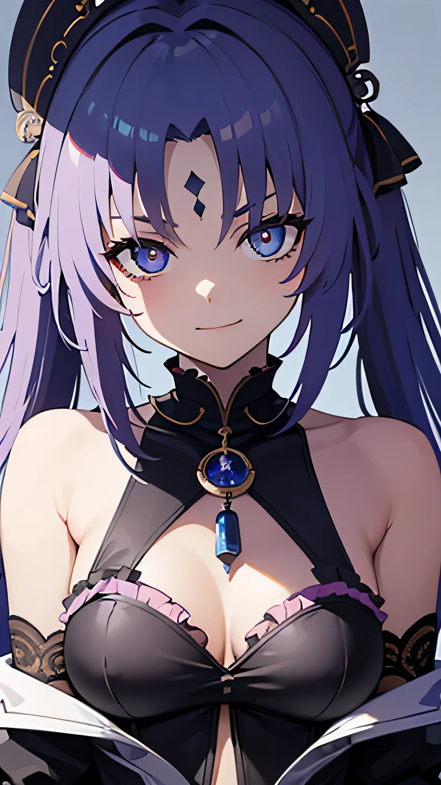 masterpiece , UHD , high definition , detailed eyes, epic background , close up on face , blue hair , face at center , looking at viewer, hair has a shade of black ,evil smile , malicious eyes , evil , torso , full body , extremely detailed , extremely detailed body , small breasts, frilly clothes