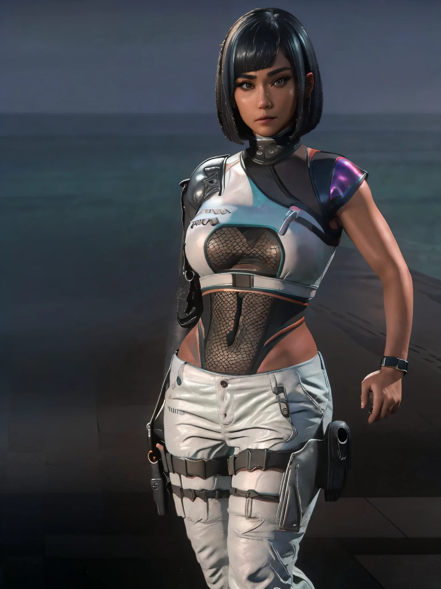 (full body portrait, 1girl, looking at viewer, highly detailed, anatomy correct:1.4), white pants, black boots, tactical gear, bob haircut, black hair, Sharp focus, katana on back, short sleeve, sexy pose, ((Best quality, masterpiece, Very beautiful woman)), Depth-of-field, Multi-layered textures, HDR (High Dynamic Range), Ray Tracing, NVIDIA RTX, Unreal 5, Subsurface scattering, PBR Texturing, Post-processing, Anisotropic Filtering, Maximum clarity and sharpness, Wide aperture, Low ISO, White balance, Rule of thirds, 8K RAW, (extremely slutty), (Highly realistic skin), sharp image,(ultra detailed), (extremely high quality artwork),