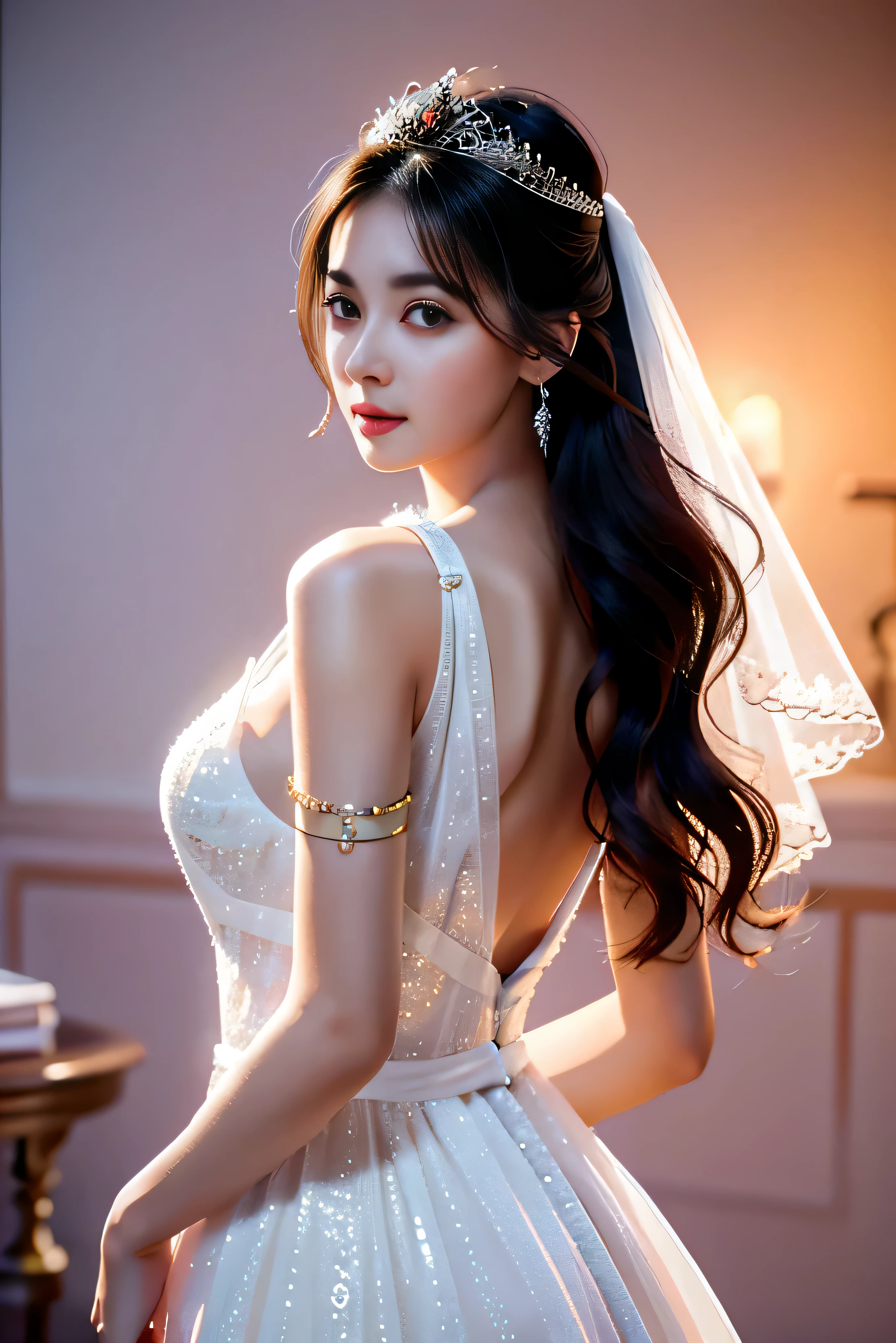 nude、Wearing a wedding dress、Sitting with legs apart、(arms behind back)、 ((Best Quality, 8K, masterpiece :1.3)), Full body、sexy girl with perfect figure :1.4, Slender Abs :1.1, ((Huge breasts :1.0)),Ultra-detailed face and skin