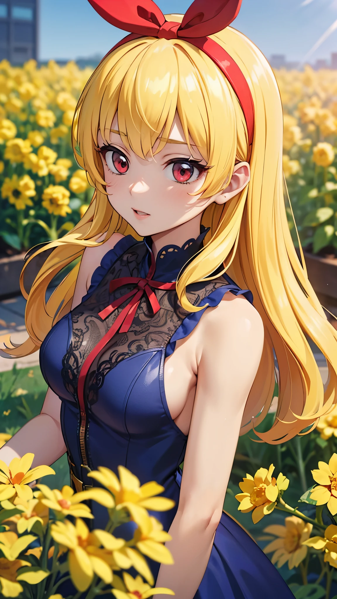 (RED Ribbon on HAIRband:1.2),Blonde HAIR,(masterpiece, best quality, highly detailed, ultra detailed, high resolution, absurdres, 4K, 8K:1.2), (official art, incredibly fine illustration, extremely detailed CG, detailed background, cinematic lighting, dynamic angle, perfect hands, detailed shiny skin, detailed hair, detailed eyes)(extremely awesome detailed pretty  face,beauty face)(extremely detailed)(Three-dimensional depiction)
BREAK, ((canola flowers, cherry blossoms)){(large grounds, canola flowers, cherry blossoms in full bloom, beautiful woman wearing a one-piece dress)},8k, high resolution, absurd, employed, delicately composed, detailed, exquisitely detailed, bold composition, cinematic angles, dynamic angles, top quality, masterpiece,