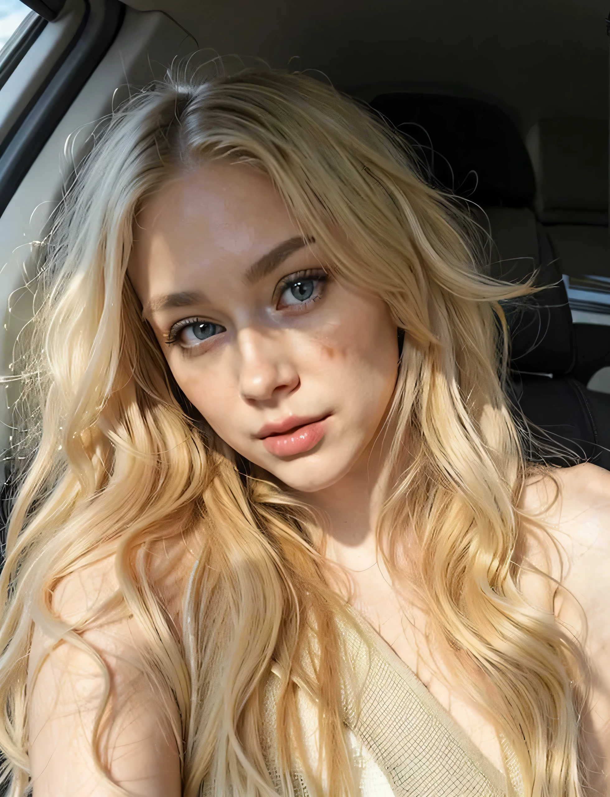 Blonde woman with long hair sitting in car, longos blonde hair and big eyes, Incredibly beautiful face, pale skin curly blonde hair, longos blonde hair and big eyes, Very beautiful face, beautiful blonde, one with blond hair, blonde hair and big eyes, beautiful young model, perfect face ), beautiful gentle face, pale, shiny skin, with long blond hair
