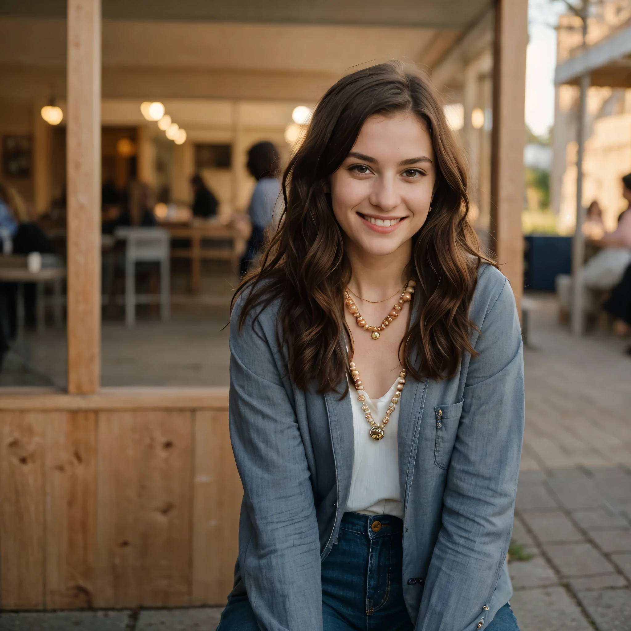 A woman with curly hair and light brown eyes wearing a lilac blouse and jeans sitting in a cafe