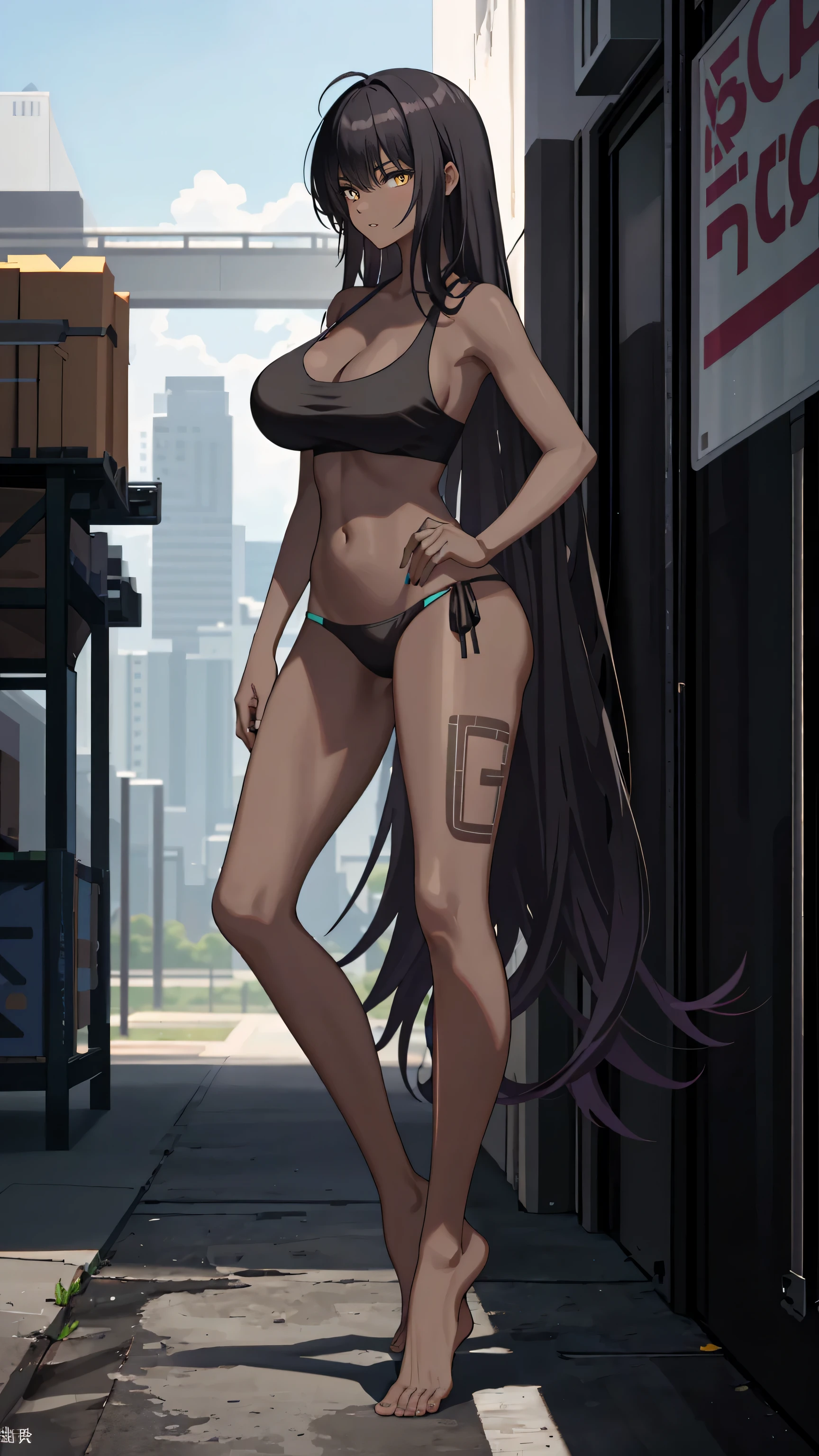 Masterpiece, best quality, high resolution, 1 woman, black skin , long black hair , black tank top , bikini , abdomen , big breasts, Long legs , Barefoot , Stand with feet hips. , harbor , warehouse