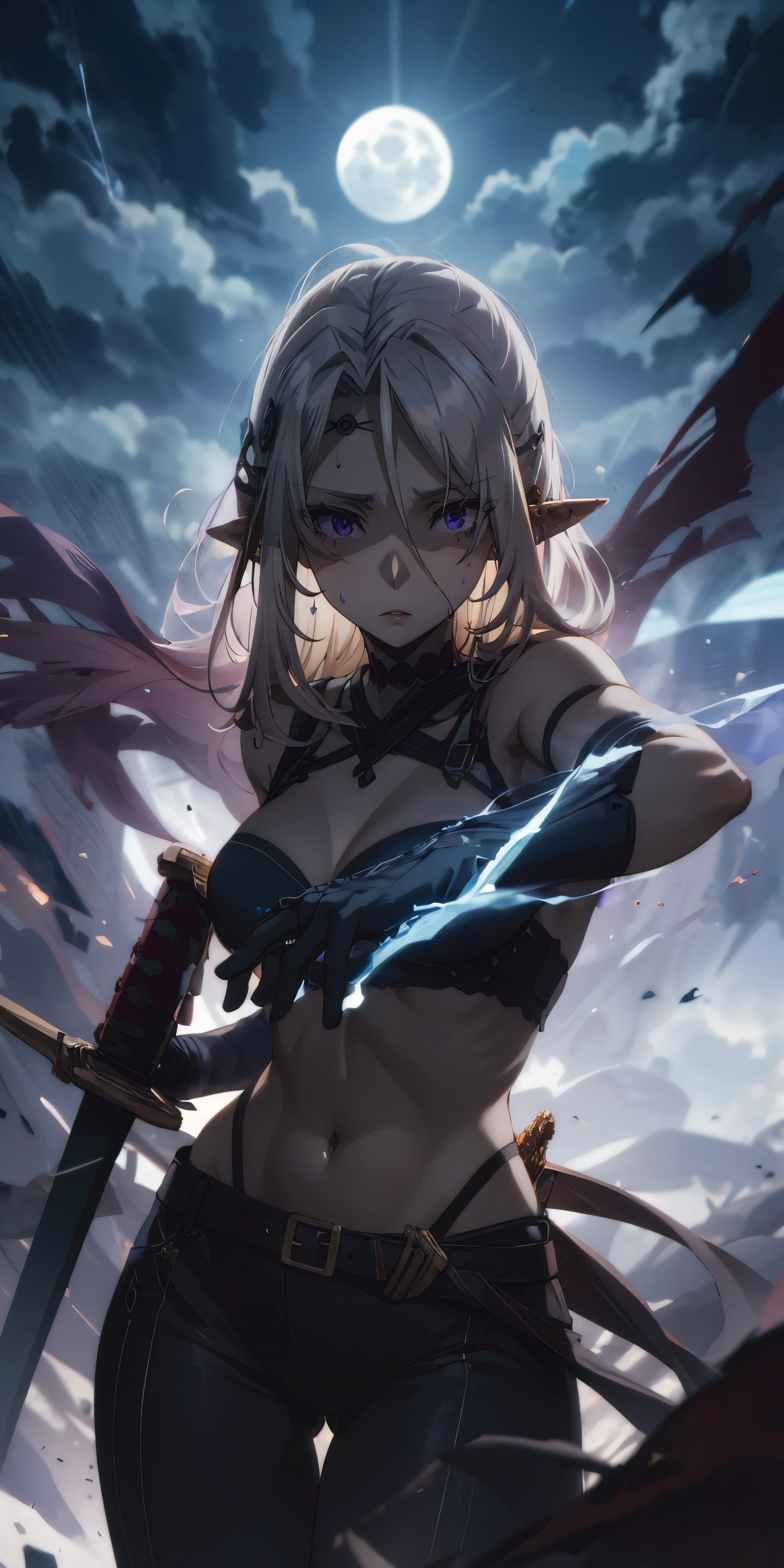 beatrix, white hair, long hair, elf, pointy ears, hair ornament, curvy, anatomically correct, best quality, masterpiece, high quality, high details, highres, HD, 1girl, looking_at_viewer, solo, breasts, weapon, night, belt, gloves, moon, holding, standing, pants, cloud, electricity, sword, night_sky, full_moon, steaming body, "glow effects, godrays, Hand drawn, render, 8k, octane render, cinema 4d, blender, dark, atmospheric 4k ultra detailed, cinematic, Sharp focus, big depth of field, Masterpiece, colors, 3d octane render, 4k, concept art, trending on artstation, hyperrealistic, Vivid colors, extremely detailed CG unity 8k wallpaper, trending on CGSociety, Intricate, High Detail, dramatic", (shaded face:1.2), hollow eyes, purple eyes, looking at viewer, heavy breathing, expressionless, lips,