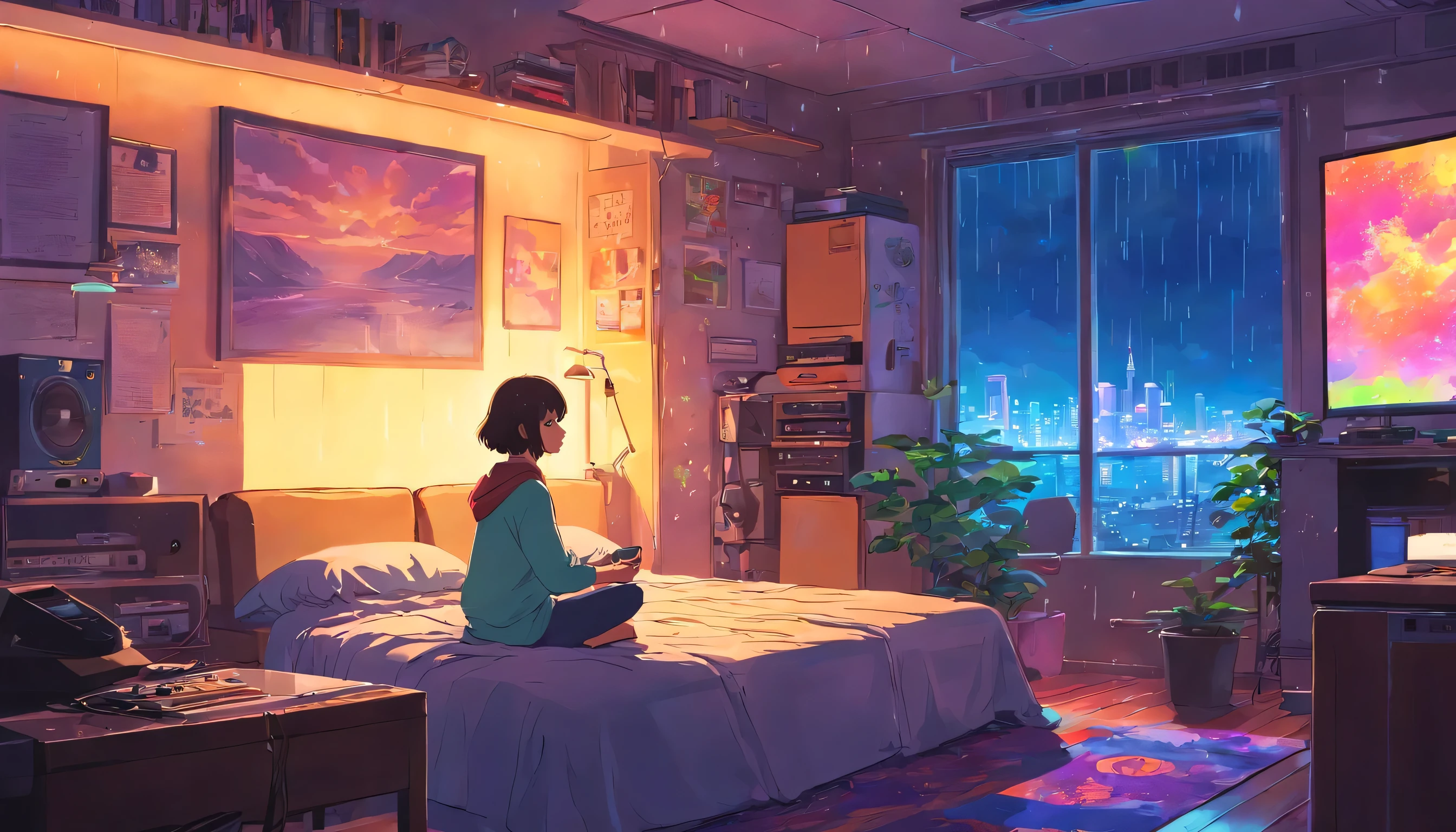 American Hippie Girl meditating in her room, dreaming, Wear headphones, night lights, Neon landscape on a rainy day, Analog Color Theme, Lo-Fi Hip Hop , retrospective, flat, 2.5D ,Draw a line, Ink Drawing, Large slope, Watercolor painting, Goosch Colors, Studio Ghibli Style, Awesome colorful, Outer Ton, krautrock, lofi art, 70s style,Old texture, amplitude,psychedelic vibe, masterpiece, Tremendous technology,