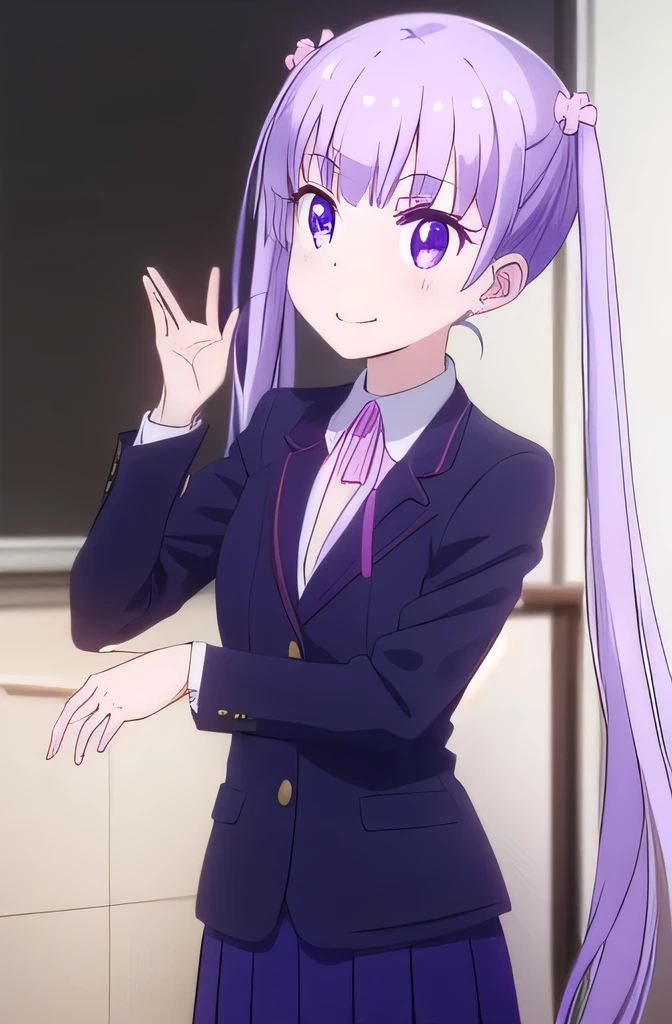 aobasuzukaze, aoba suzukaze, Eyebrow, hair ornaments, long hair, (purple eyes:1.1), purple hair, twin tails, smile,
break blue skirt, bow, bowtie, business suit, dress shirt, formal, neck ribbon, pink bow, pink bowtie, pink ribbon, ribbon, shirt, skirt, skirt suit, suit, white shirt,
break indoors, office,
break looking at viewer, (cowboy shot:1.5),
break (masterpiece:1.2), highest quality, High resolution, unity 8k wallpaper, (figure:0.8), (detailed and beautiful eyes:1.6), highly detailed face, perfect lighting, Very detailed CG, (perfect hands, perfect anatomy),