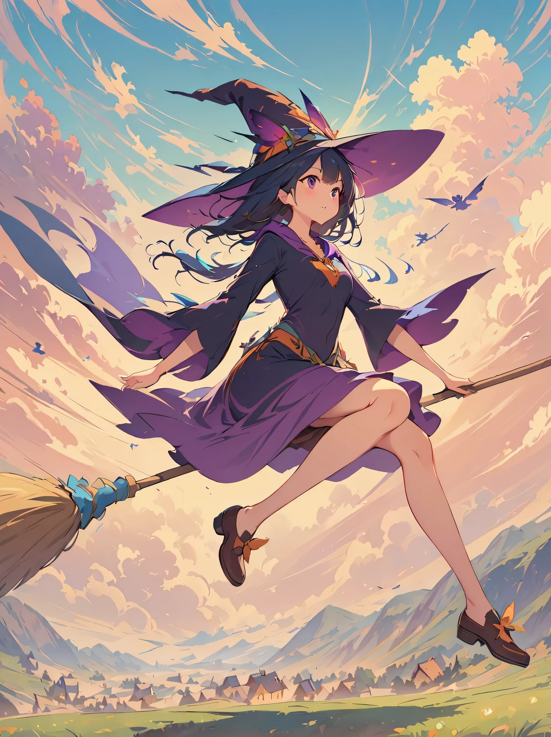 (masterpiece, highest quality:1.2),1 girl,perfect face,cute, ((((flying witch))),((Ride a broom)),broom flight,Straddling the broom,anatomically correct,masterpiece,highest quality,最高masterpiece,8K,,Wind,fantasy,,wonderful,, Mysterious, Charm, Whimsical, playful, adventurous, free, wonder, imagine, decide, skill, speed, movement, energy, realism, naturalistic, figurative, represent, beauty, fantasy culture, myth, fairy tale, folklore, Legend, witch, wizard, Magical creatures, fantasy worlds, composition, scale, Zenikichi, midway point, background, perspective, light, color, texture, become familiar with, beauty, wonder.