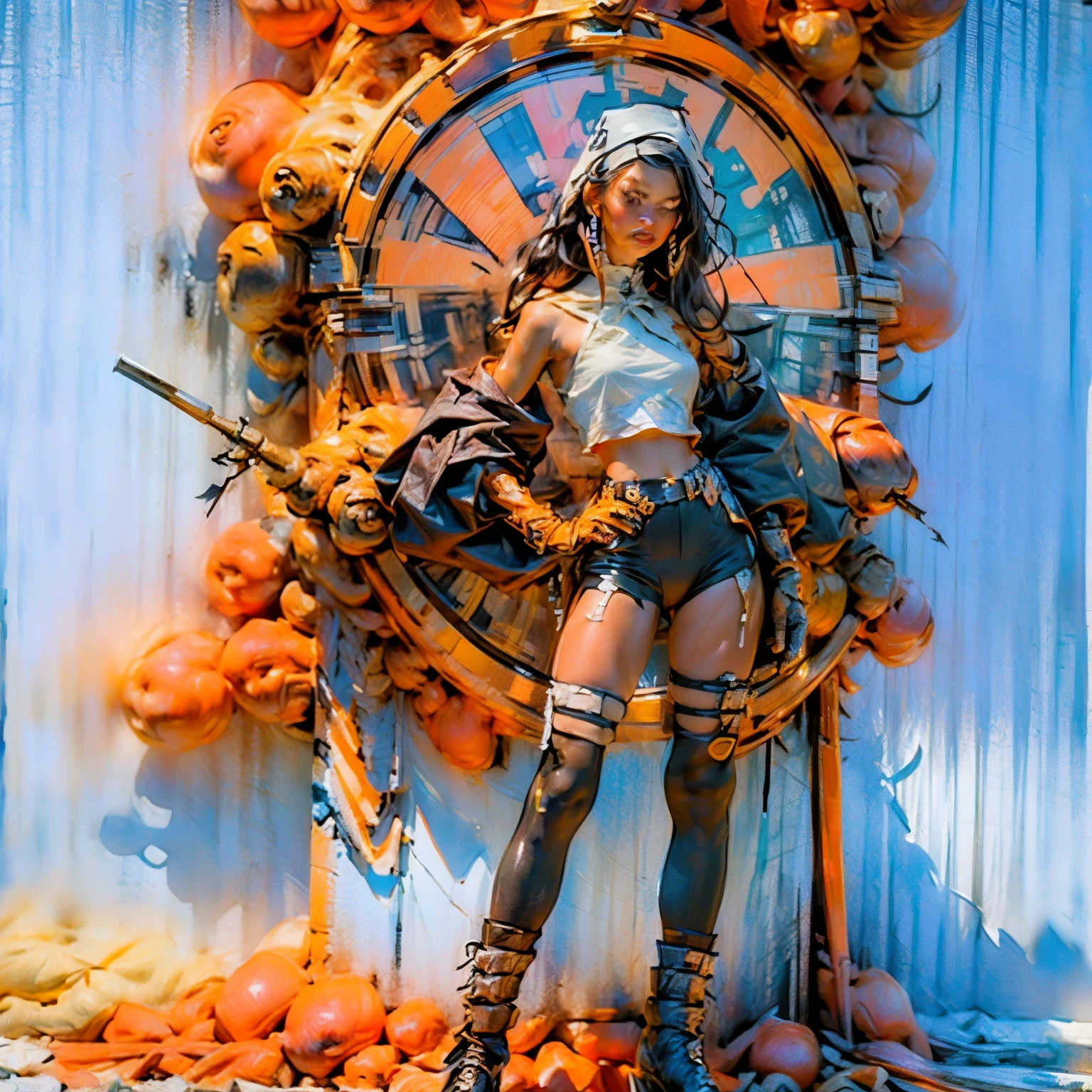 ((Create Odin girl 16+), (facing the viewer, standing close-up, full height), (smoke, fire, shooting), (thin graceful body, facing the viewer, firing from a powerful modern weapon at alien monsters ), (dynamic pose), (heavy, huge weapon - a machine gun, held with two hands), (stands with legs wide apart), (sexy, ), (tender scarlet lips), (straight, long black hair), (small thong , short T-shirt, bare shoulders), (narrow hips, beautiful breasts))_((Artistic Stylization), (3D animation, fantastic comic book film), (clear line, clear outline, high-quality linear drawing, shading))_(( Simple color palettes), (color fill, color richness, saturation, harmony, balance), (background - dark, cold tones, gloomy spaceship environment), (science fiction - horror, - cyberpunk, deep space, spaceship))_( (Sexy, erotic), (powerful - a huge machine gun in his hands), (hands in elbow pads, palms dressed in tactical gloves), (bare thighs, thongs, bare belly-navel, minimal clothing), (legs in combat knee pads, stockings, leggings up to hips - sexy), (massive leather military lace-up boots), (space design, dramatic scene, combat situation))_((Background, fantastic ship lock, (films; Lucas Arts, R.Sh. Giger "Alien", Giger's monsters, space monsters), (stunning scene of shooting in a spaceship - "Alien" monsters), (bright hot light from the barrel of a machine gun, cold contrasting shadows))_ ((Cinematic masterpiece, highest quality), (horizontal clear frame), (contrasting shadows, clear, bright flash light), (warm range of colors, hot light, contrasting light with cold shadows))_((Cinematic animation,), (soft clear shapes, wide strokes, attention to detail), (16K | Ultra HD | Full HD)).