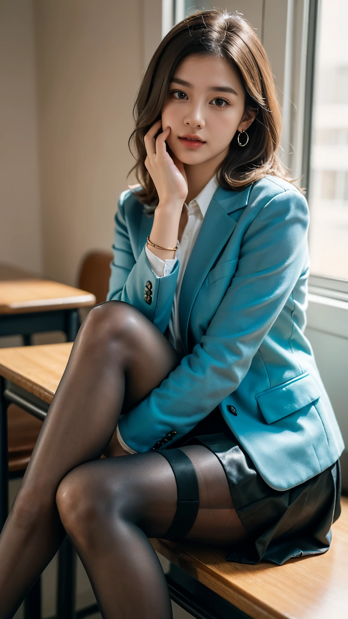 (Pure and cute Chinese college student 1.5), (20 years girl student), 8K, Masterpiece, RAW photo, Best quality, Photorealistic, Extremely detailed CG Unity 8K wallpaper, Depth of field, Cinematic light, Lens flare, Ray tracing, (Extremely beautiful face, Beautiful lips, Beautiful eyes), intricate detail face, ((ultra detailed skin)),(true to life,Photorealistic 1.5),((best qualtiy, 8K, tmasterpiece:1.3)),SLR camera (double eyelid,largeeyes:1.3),(smile1.5),(Full body photo 1.5)(One person 1.5)Clear focus 1.2, Perfect body beauty:1.4 , Delicate skin1.1,(Short silver-white hair 1.6),(Delicate makeup1.4),(Pure desire 1.3)(Black pantyhose 1.5)(The leg length is one meter two,1.5),Hair is slightly curled,Black hair, college uniform, ((Uniform Cyan blazer and matty black Knee length skirt)), Bow knot,Matty Black knee length Skirt, Slender legs,canvas shoe,With earrings,Wristband jade bracelet,College Classroom, desks, writing in black board, book in hand, beautiful knees , no need extra legs, no need extra hands, no need extra fingers, do not show panty, do not expose,