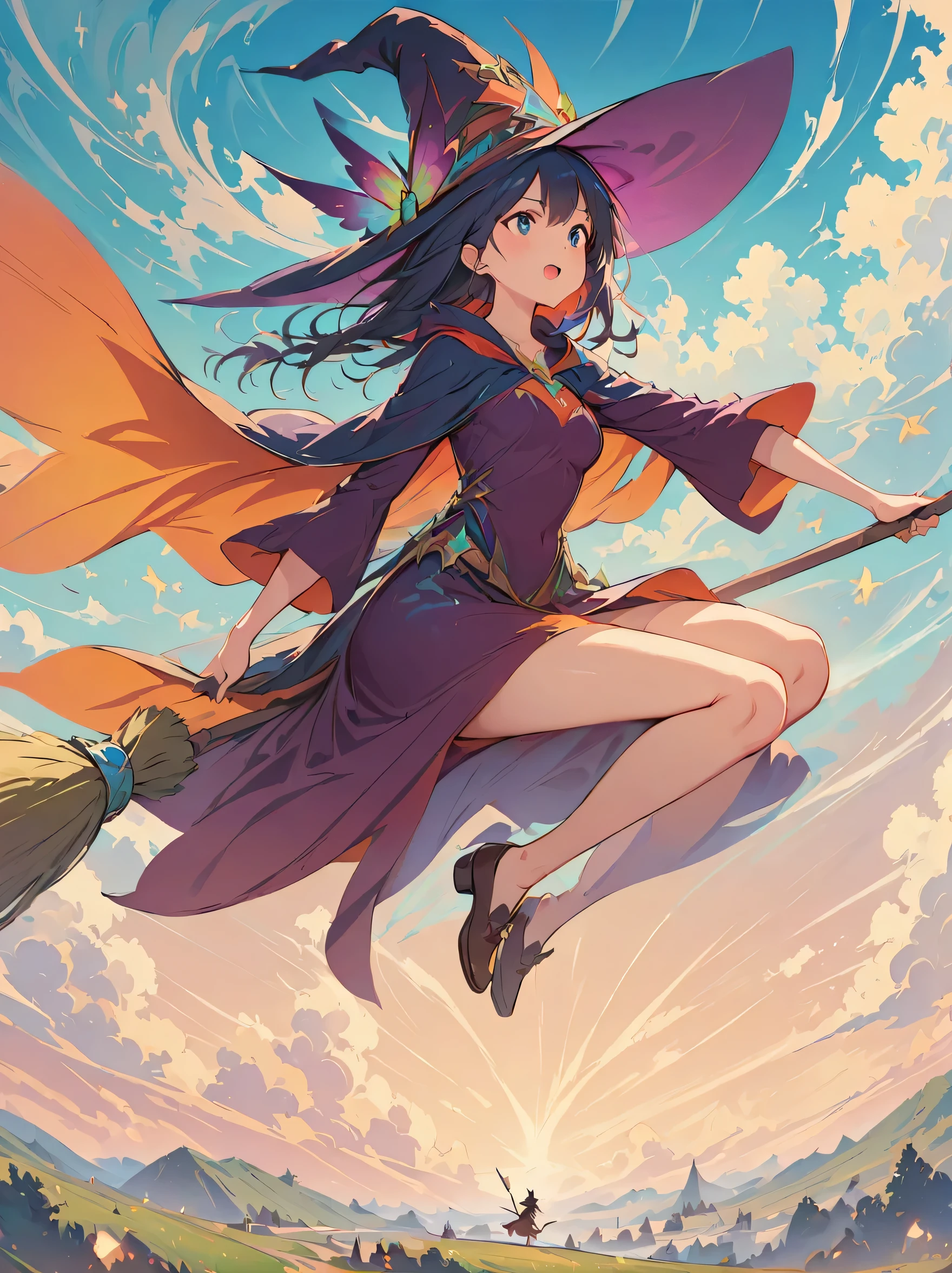 (masterpiece, highest quality:1.2),1 girl,perfect face,cute, ((((flying witch))),((Ride a broom)),broom flight,Straddling the broom,anatomically correct,masterpiece,highest quality,最高masterpiece,8K,,Wind,fantasy,,wonderful,, Mysterious, Charm, Whimsical, playful, adventurous, free, wonder, imagine, decide, skill, speed, movement, energy, realism, naturalistic, figurative, represent, beauty, fantasy culture, myth, fairy tale, folklore, Legend, witch, wizard, Magical creatures, fantasy worlds, composition, scale, Zenikichi, midway point, background, perspective, light, color, texture, become familiar with, beauty, wonder.