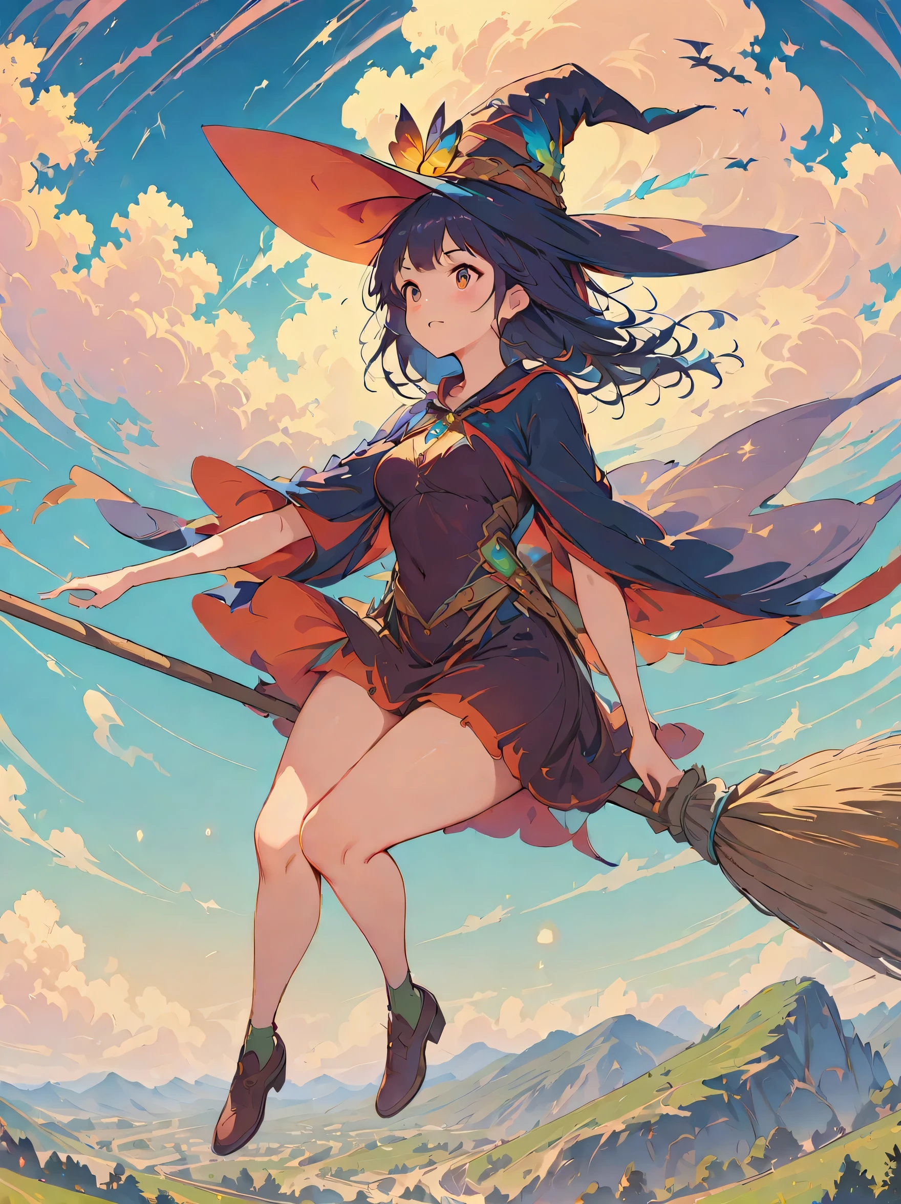 (masterpiece, highest quality:1.2),1 girl,perfect face,cute, ((((flying witch))),((Ride a broom)),broom flight,Straddling the broom,anatomically correct,masterpiece,highest quality,最高masterpiece,8K,,Wind,fantasy,,wonderful,, Mysterious, Charm, Whimsical, playful, adventurous, free, wonder, imagine, decide, skill, speed, movement, energy, realism, naturalistic, figurative, represent, beauty, fantasy culture, myth, fairy tale, folklore, Legend, witch, wizard, Magical creatures, fantasy worlds, composition, scale, Zenikichi, midway point, background, perspective, light, color, texture, become familiar with, beauty, wonder.