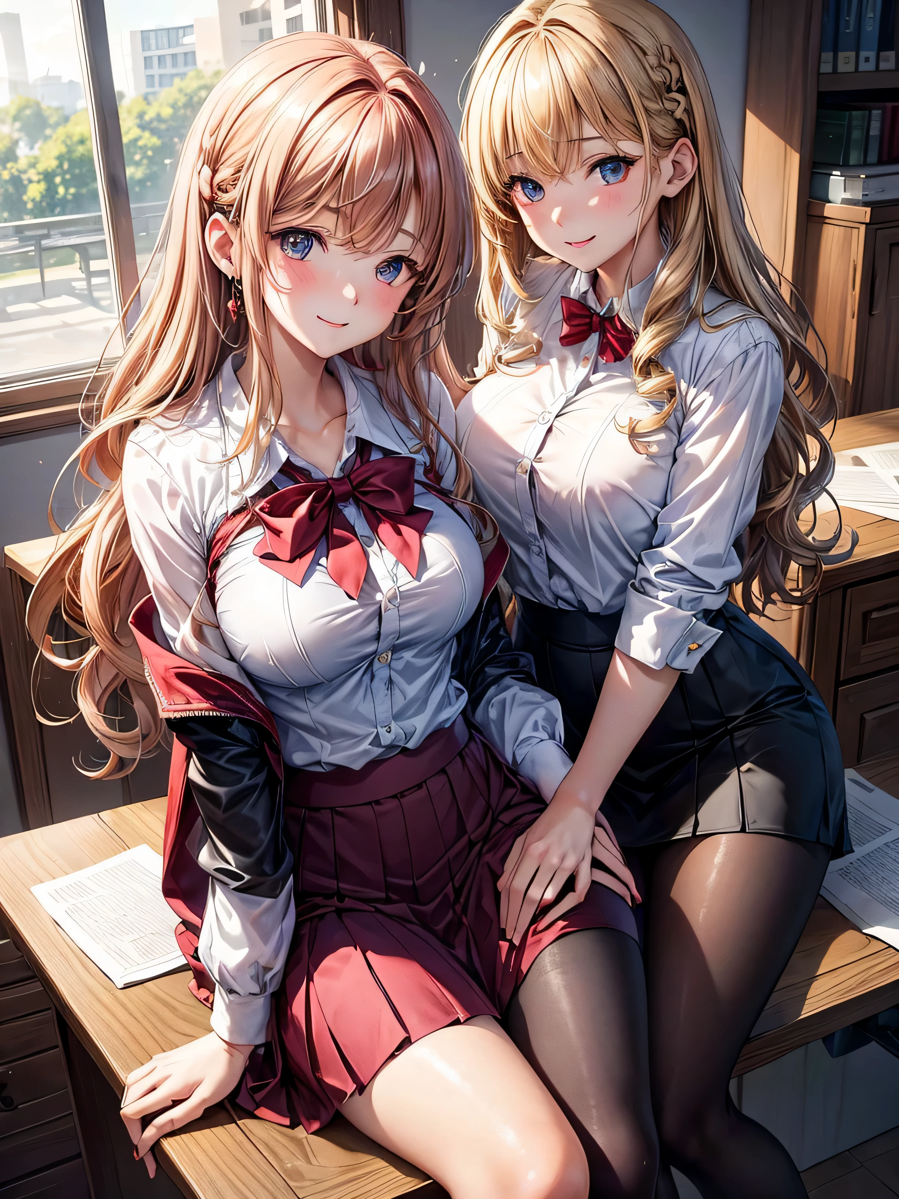 (Best quality, masterpiece), Two enchanting girls in office uniforms pose gracefully before a simple background. The first girl, with long, wavy chestnut hair cascading down her shoulders, gazes intently at the viewer, her expressive eyes filled with warmth. She touches the black pantyhose of her left leg, the particle-laden wind lightly playing with her skirt hem. A vibrant red rose clutched in her hand, its petals softly opening in the gentle breeze.

The second girl, with short, curly blonde hair, leans against her desk, her arms resting on its surface. She offers a captivating smile towards the viewer, her breasts