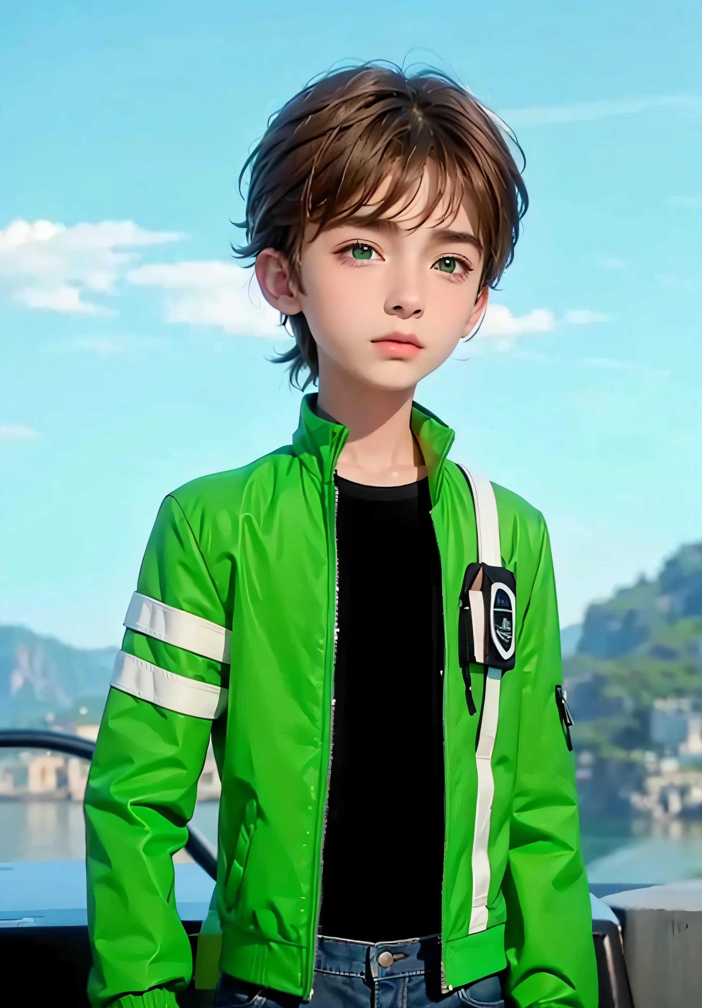 Johnny Orlando, boy, brown hair, green eyes, green jacket with white edges