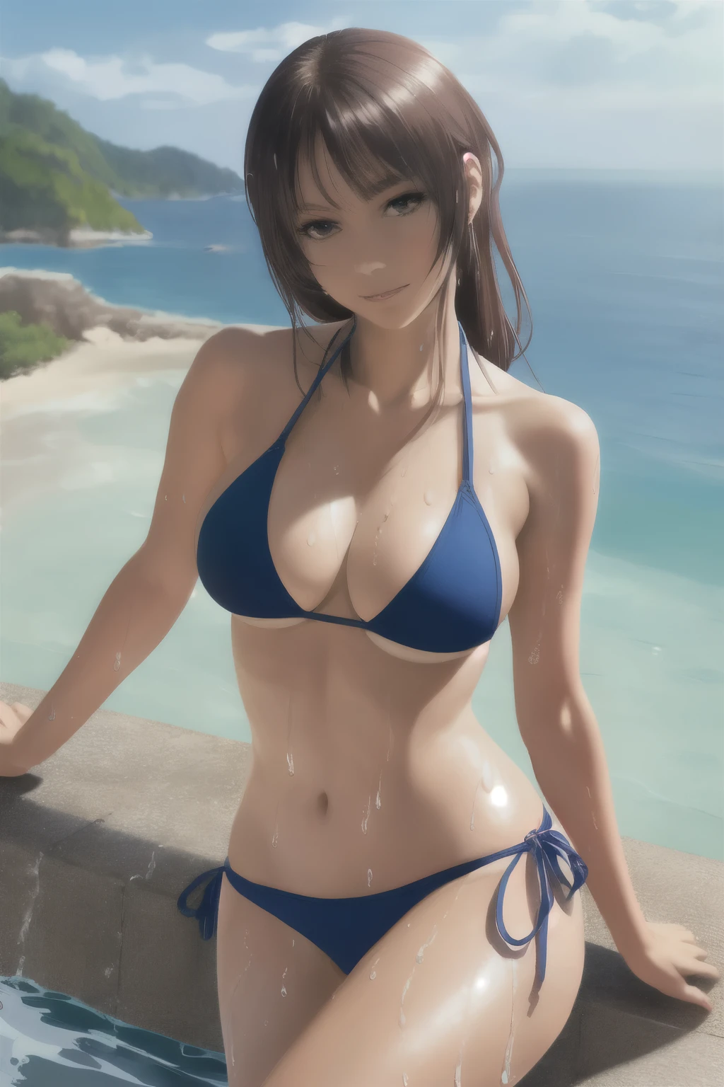 a woman in a bikini sitting on a ledge Woman in swimsuit lying on her back, Seductive anime girls, Wallpaper anime Blue Water, Realistic bikini, wet swimwear, Splash Art Anime , Swimsuit, Beautiful Attractive Anime Woman, 4K Digital Art, lascivious, High-Definition, Open your legs wide,