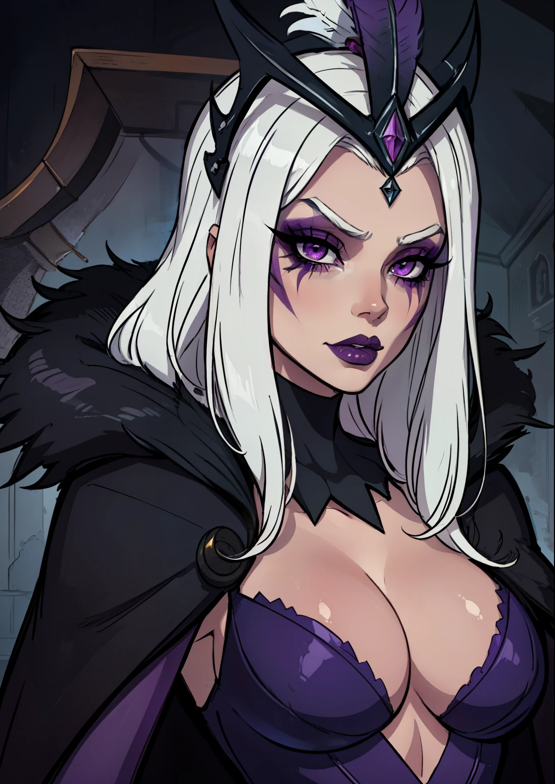 masterpiece, best quality, 1female, face portrait, goth girl, intense makeup, straight hair, ravleblanc, headdress, fur trim, purple cape, purple dress, feathers, fair skin, white hair, facial mark, glow eyes