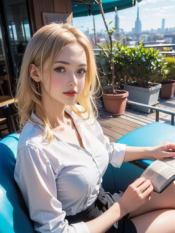 (best quality, 8k, highres, photorealistic:2.0), (solo, one girl:2.0),(lighting: front),(lighting: strong),(ultimate beautiful girl:2.0),(shiny skin),(oily skin),(blonde hair:1.5),(very long hair:1.5),(beauty:2.0),Blush brown makeup , dark eye makeup , use pink glossy lipstick,(big beady eyes girl:1.5),(droopy-eyed girl:1.5),(thin girl:1.5),( girl),(sex appeal:1.7),(sweet smelling girl),(Photographed on the terrace of the cafe:1.8),(she works for low wages:1.5),(she has a nice smile),(she is very sociable),(from a very poor family:1.5),(virgin girl),(She is a secret pervert.),(she covertly lewd),(she looks so erotic),(Preserve virginity for devout Christians),chuuChloe,(A woman sitting on the terrace of a cafe and reading a book:1.5),(like girly fashion:1.3),(reading a love story:1.3)