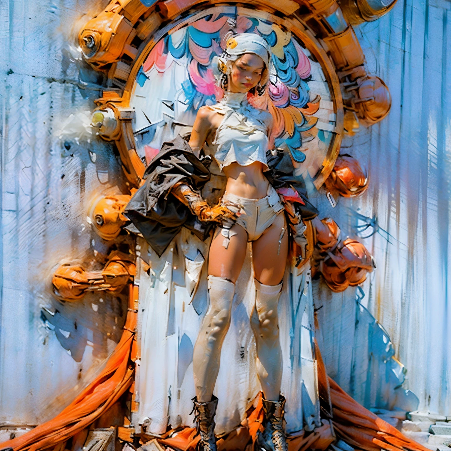 ((Create Odin girl 16+), (facing the viewer, standing close-up, full height), (smoke, fire, shooting), (thin graceful body, facing the viewer, firing from a powerful modern weapon at alien monsters ), (dynamic pose), (heavy, huge weapon - a machine gun, held with two hands), (stands with legs wide apart), (sexy, ), (tender scarlet lips), (straight, long black hair), (small thong , short T-shirt, bare shoulders), (narrow hips, beautiful breasts))_((Artistic Stylization), (3D animation, fantastic comic book film), (clear line, clear outline, high-quality linear drawing, shading))_(( Simple color palettes), (color fill, color richness, saturation, harmony, balance), (background - dark, cold tones, gloomy spaceship environment), (science fiction - horror, - cyberpunk, deep space, spaceship))_( (Sexy, erotic), (powerful - a huge machine gun in his hands), (hands in elbow pads, palms dressed in tactical gloves), (bare thighs, thongs, bare belly-navel, minimal clothing), (legs in combat knee pads, stockings, leggings up to hips - sexy), (massive leather military lace-up boots), (space design, dramatic scene, combat situation))_((Background, fantastic ship lock, (films; Lucas Arts, R.Sh. Giger "Alien", Giger's monsters, space monsters), (stunning scene of shooting in a spaceship - "Alien" monsters), (bright hot light from the barrel of a machine gun, cold contrasting shadows))_ ((Cinematic masterpiece, highest quality), (horizontal clear frame), (contrasting shadows, clear, bright flash light), (warm range of colors, hot light, contrasting light with cold shadows))_((Cinematic animation,), (soft clear shapes, wide strokes, attention to detail), (16K | Ultra HD | Full HD)).