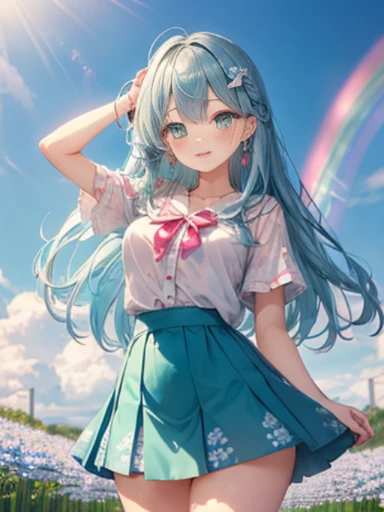 Take a photo from the front、The arrival of spring、big 、 (alone:1.5,)Super detailed,bright colors, very beautiful detailed anime face and eyes, look straight, ;d, shiny_skin,girl, (((rainbow colored hair, colorful hair, Half blue、半分はpinkの髪: 1.2))) 、forehead is exposed.、green eyes、、shiny hair, delicate beautiful face, blush、(turquoise eyes), White skin, Valletta, mature earrings,、blue flower field、（tight、blue blouse）、（pink、polka dot skirt）、long twin tails、rimless glasses、