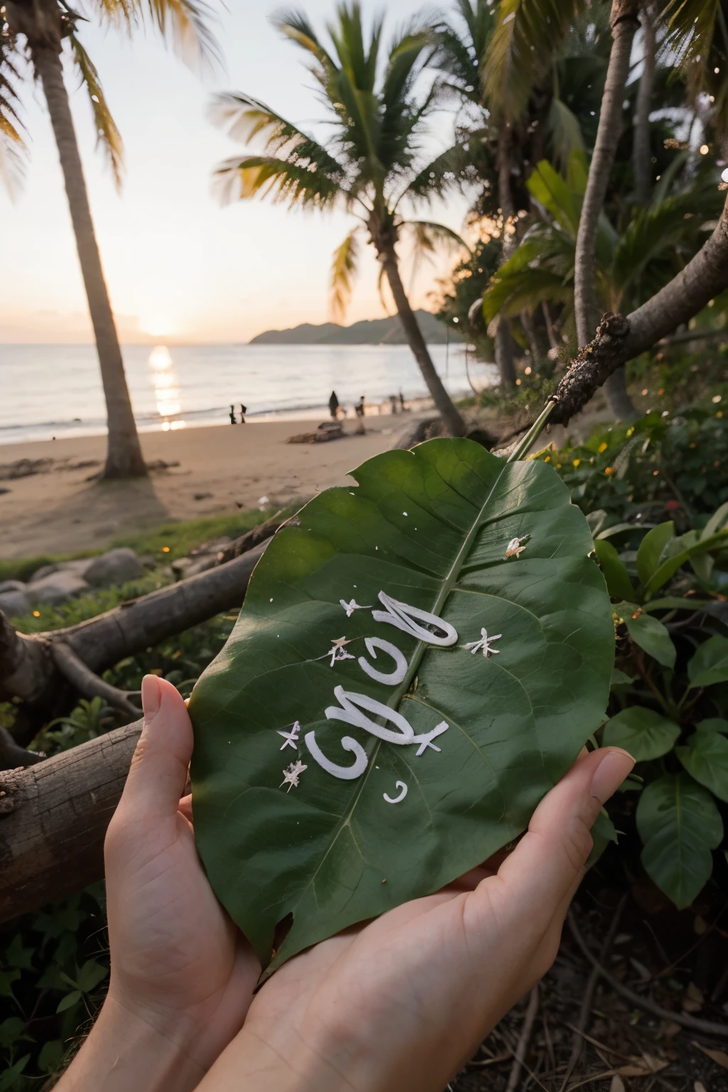 UTTOM name is written in stylish font on a dried leaf of a tree, the leaf is held by hand at sunset by the sea, Parts of the name will be cut on the leaf and Sunlight can be seen through the writing, high quality, 8k ultra hd, realistic