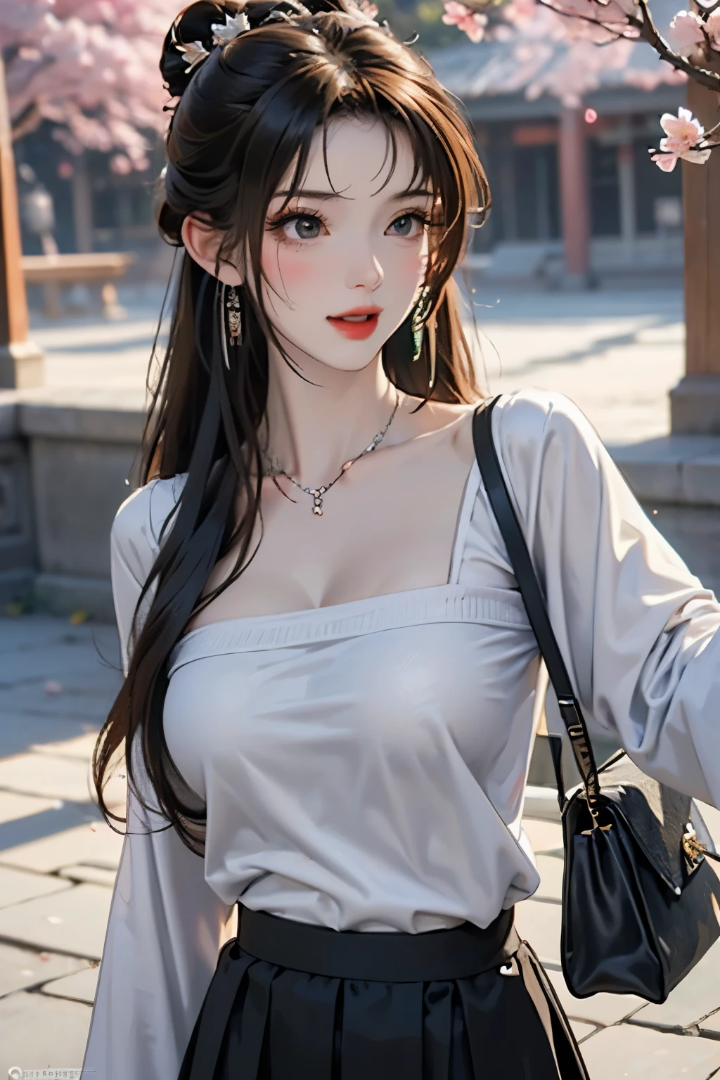 ((on the table, best quality, High resolution, north african free trade area, Pixel perfect, depth of field, 4K, north african free trade area, north african free trade area))), 1 girl in, single, alone, beautiful anime girl, beautiful art style, anime characters, ((long hair, Bangs, brown hair)), ((green eyes:1.4, round eyes, beautiful eyelashes, realistic eyes)), ((Detailed face, blush:1.2)), ((smooth texture:0.75, lifelike texture:0.65, lifelike:1.1, Anime CG style)), ((medium breasts, Split, full)), dynamic angle, Perfect body, ((view, selfie pose, portrait)), ((white sweater, long sleeve, black skirt, Plaid skirt, fashionable, 1 handbag, 1 diamond necklace)), Smile, open mouth, amusement park, ((Cherry tree, Cherry blossoms fall))