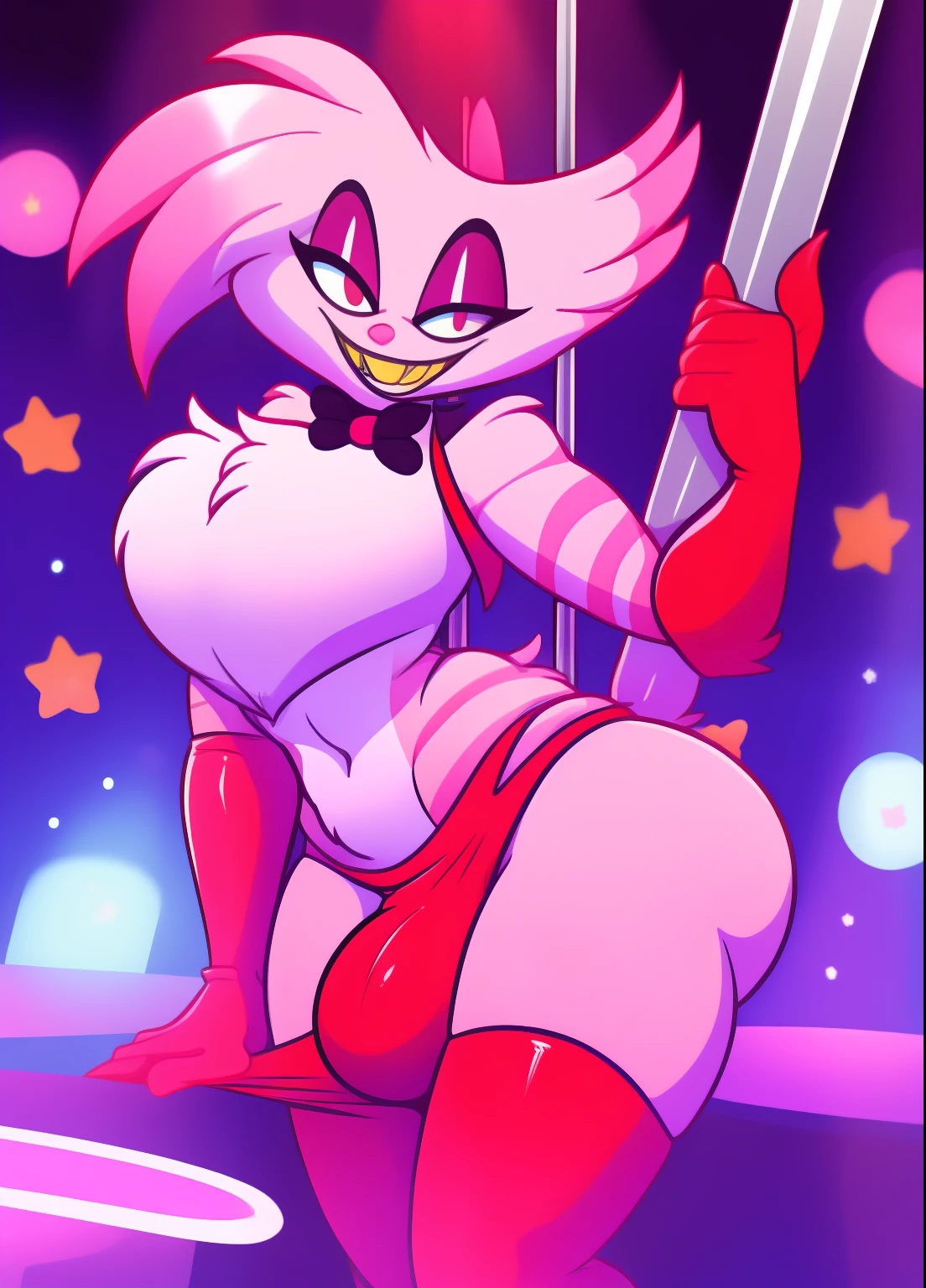 (best quality, masterpiece:1), furry, male, 1boy, anthro, angeldust, 4 arms, white striped suit, thigh boots, gold tooth, huge chest tuft, choker, bowtie, looking at viewer, red gloves, grin, sharp teeth, strip club, pole dancing, hourglass figure, thick thighs, bubble butt, wide hips, undressing, (big bulge), (hot bulge!)