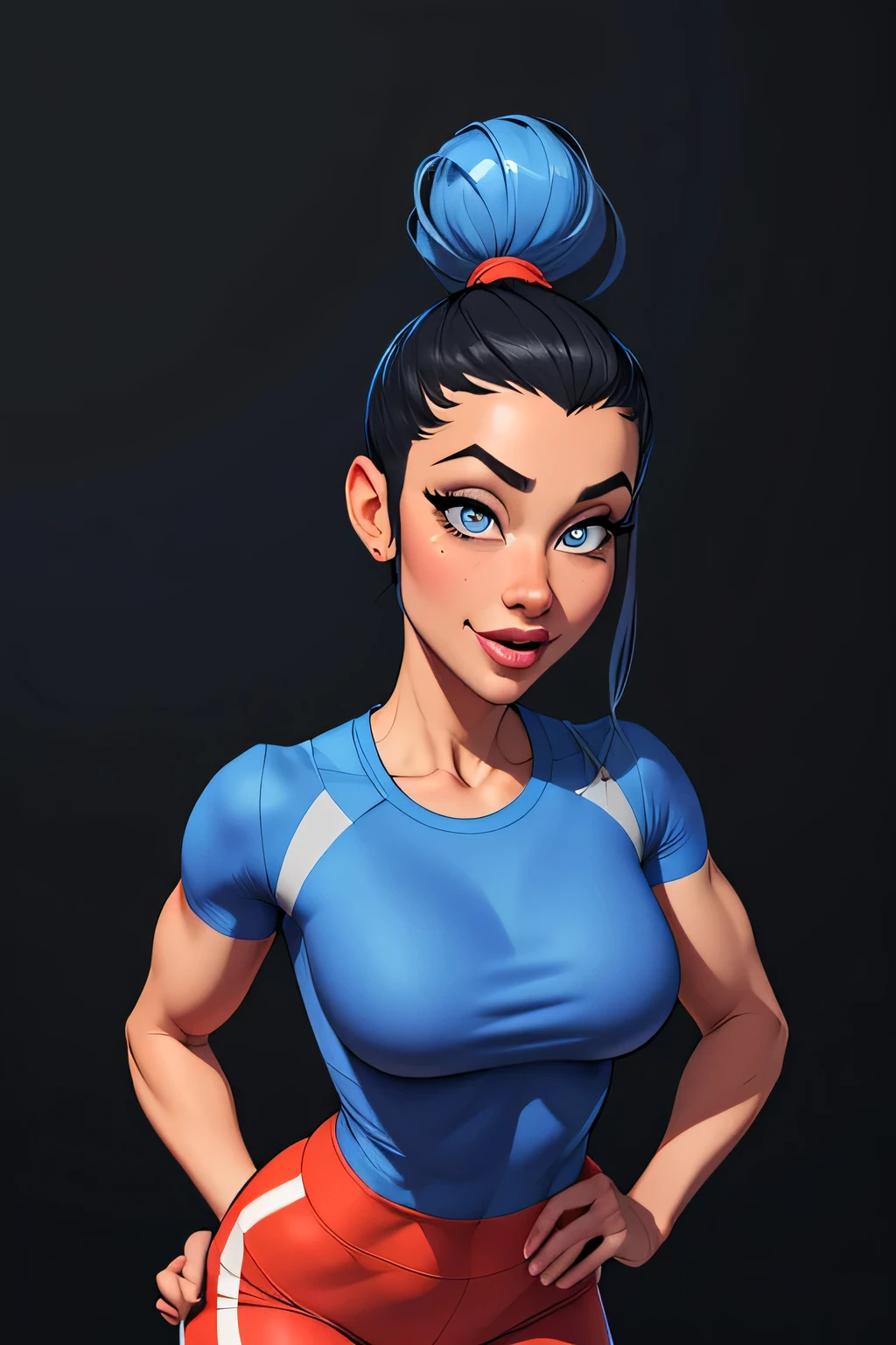 (cartoon style:1.2), Drawings of ([Sports Woman]), wearing blue shirts, grey Pants, perfect eyes, detailed face, black background, fun posing, flirty look, Centered, scale to fit the dimensions